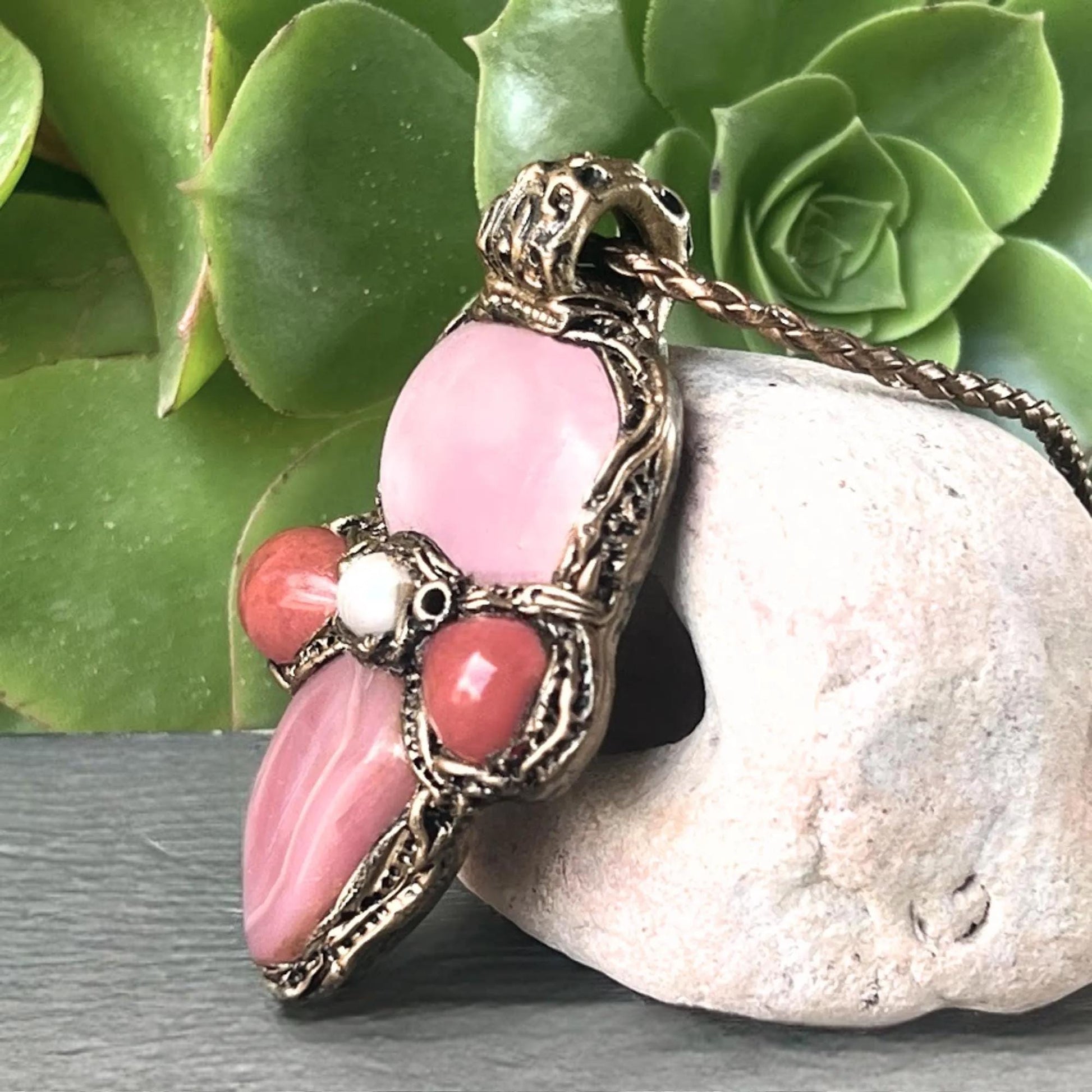 Rose Quartz and Peach Agate Pendant Necklace -  Pink Healing Stone Amulet