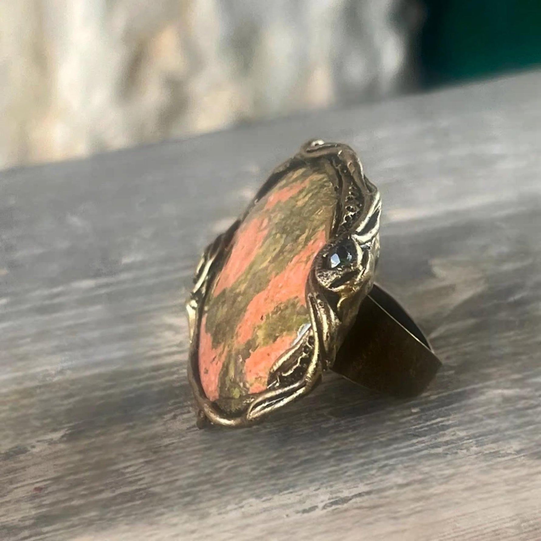 Chunky Unakite Ring - Oval Pink and Green Cocktail Statement Ring