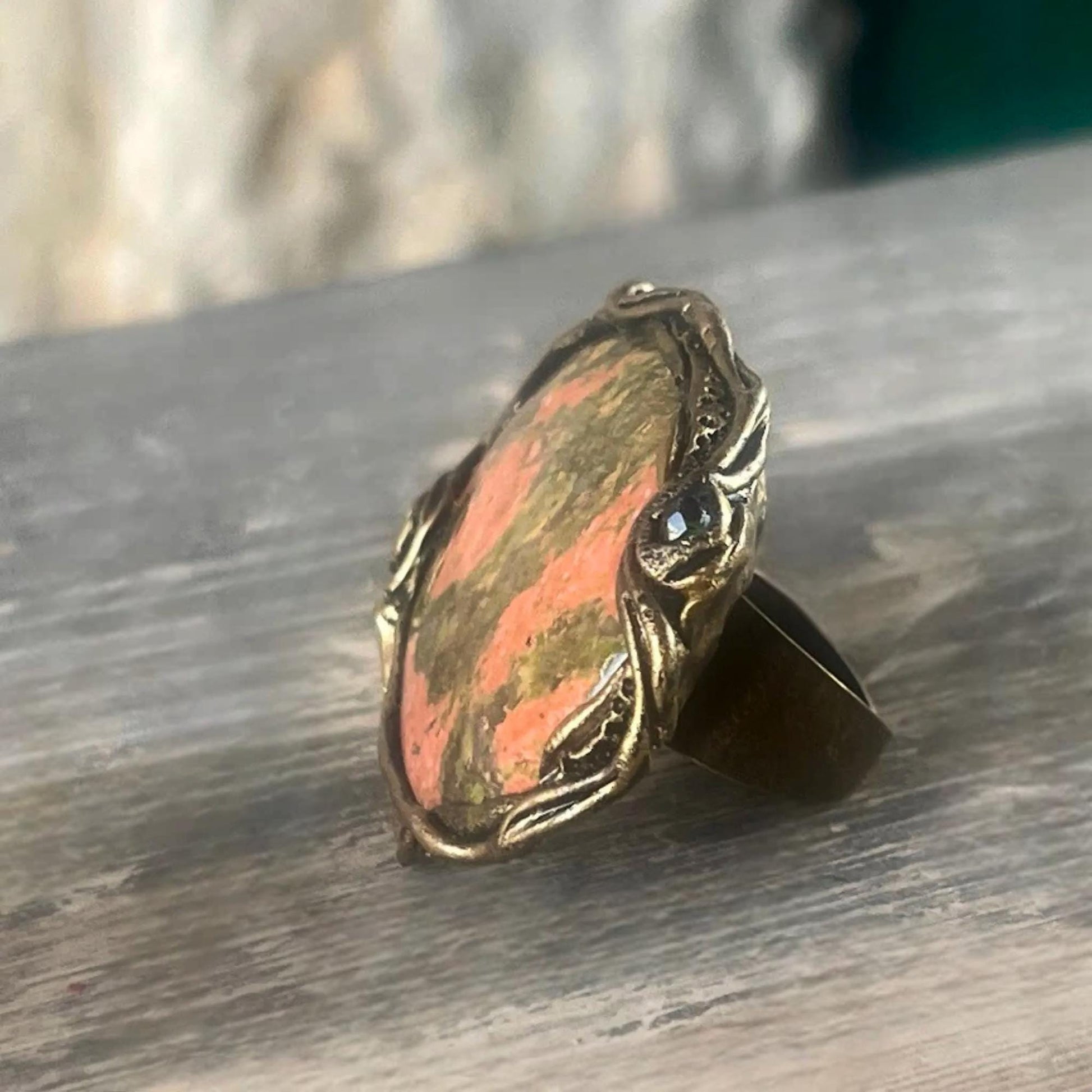Chunky Unakite Ring - Oval Pink and Green Cocktail Statement Ring