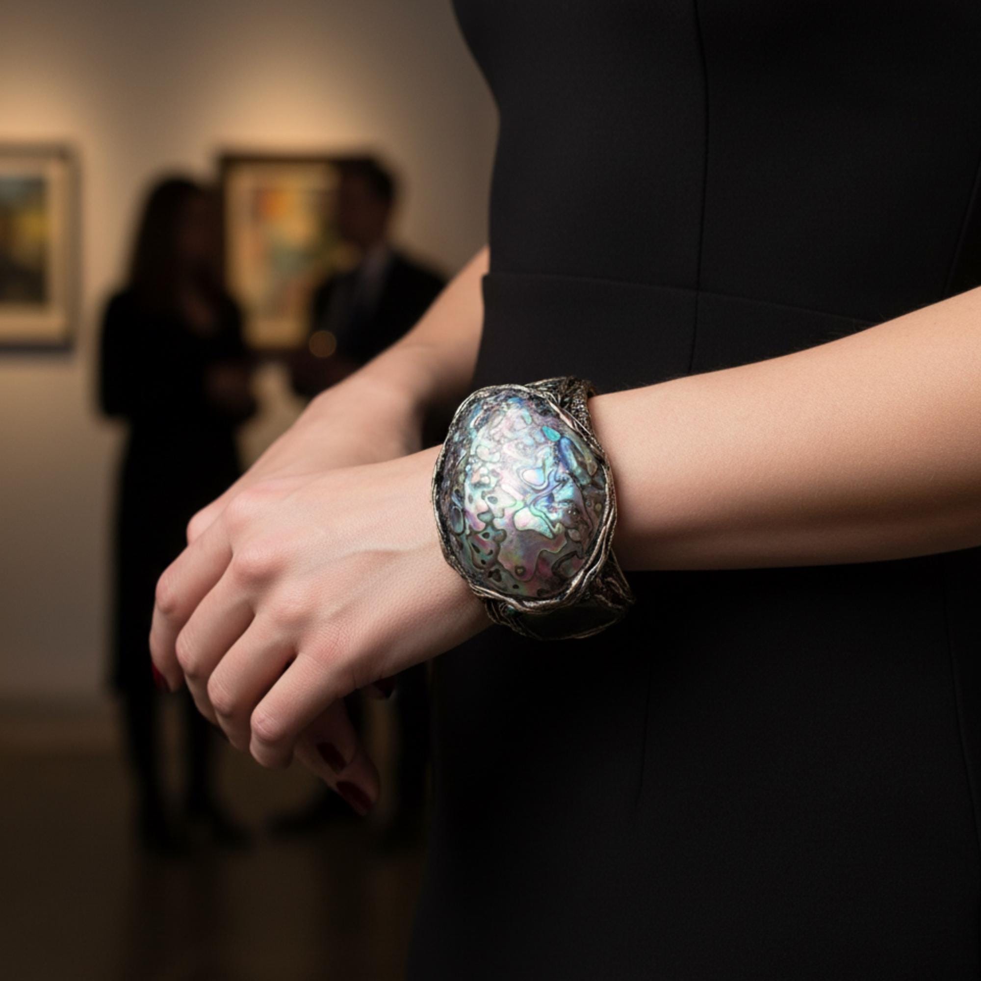 Abalone Chunky Wide Cuff Bracelet -  Modern Statement Mother of Pearl Jewelry