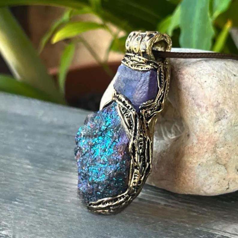 Amethyst Peacock Ore Necklace - Healing Crystal Amulet Pendant