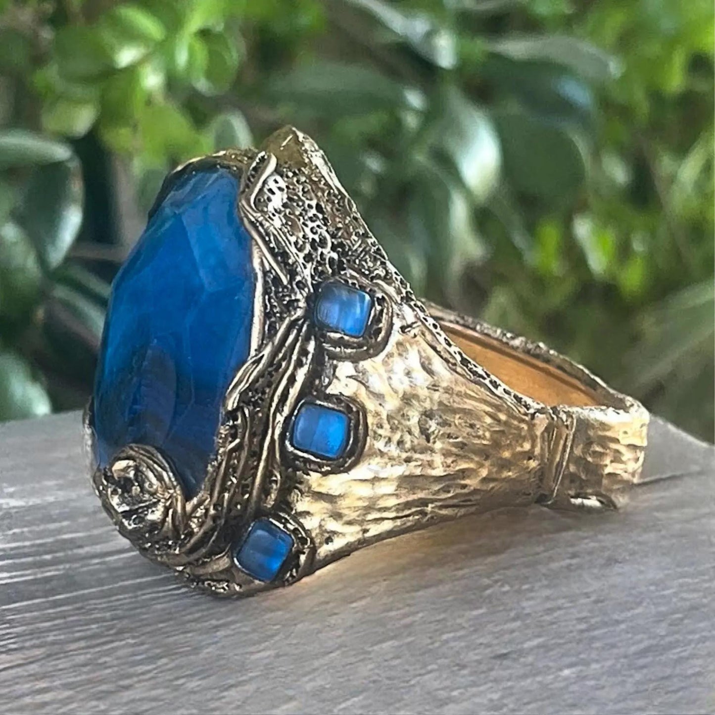 Blue Agate Statement Bracelet - Chunky Stone Wide Cuff