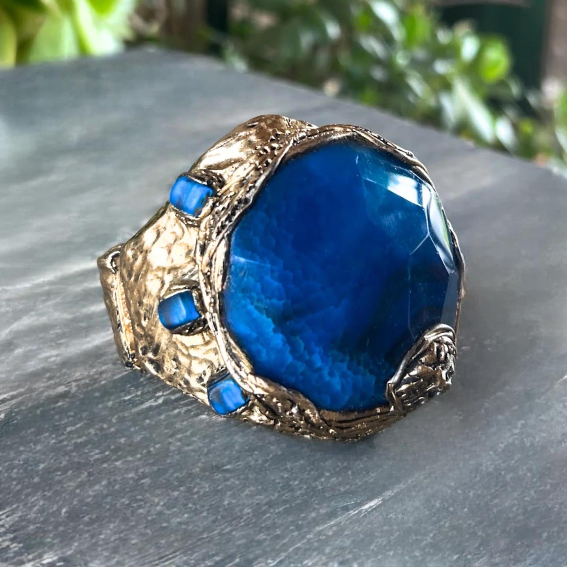 Blue Agate Statement Bracelet - Chunky Stone Wide Cuff