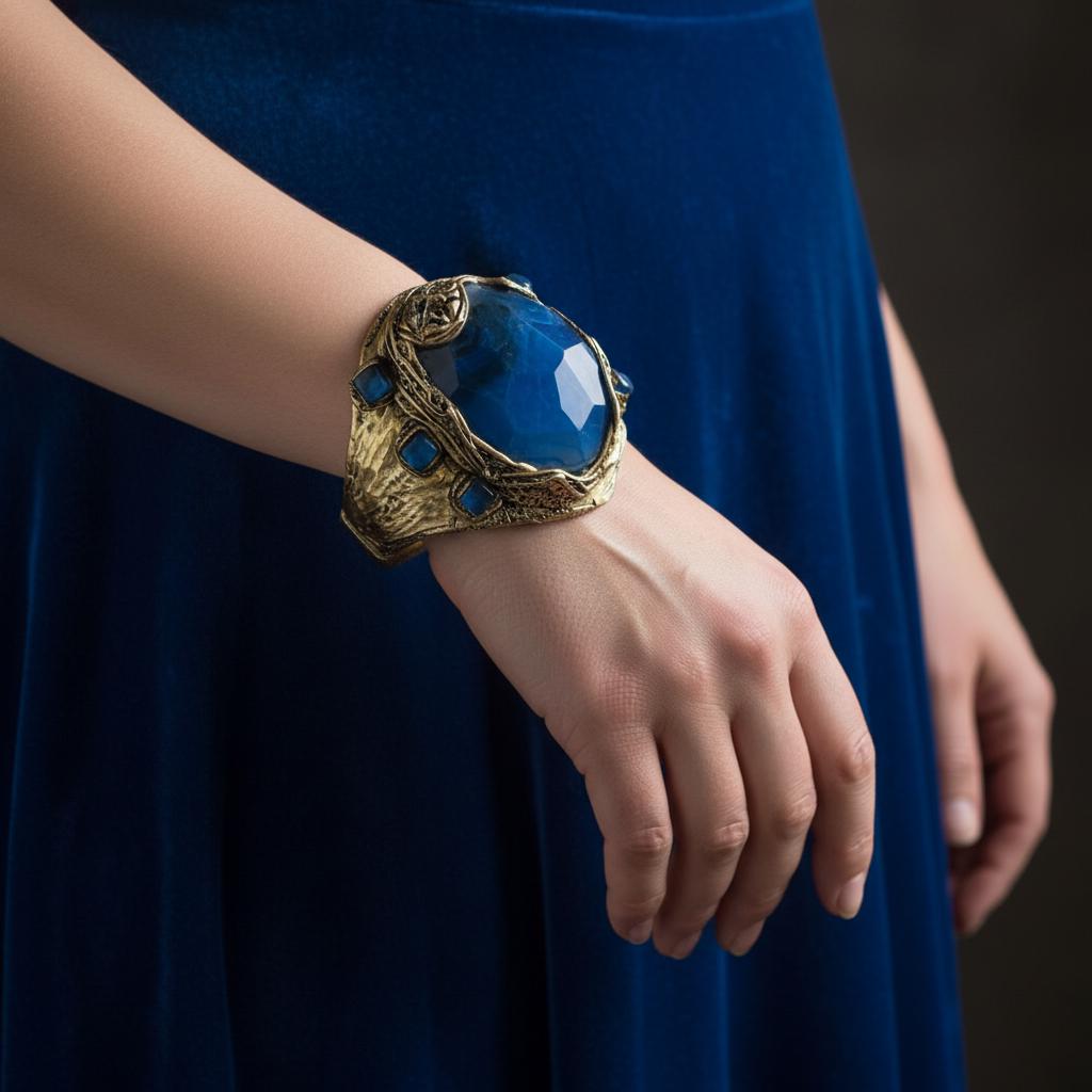 Blue Agate Statement Bracelet - Chunky Stone Wide Cuff