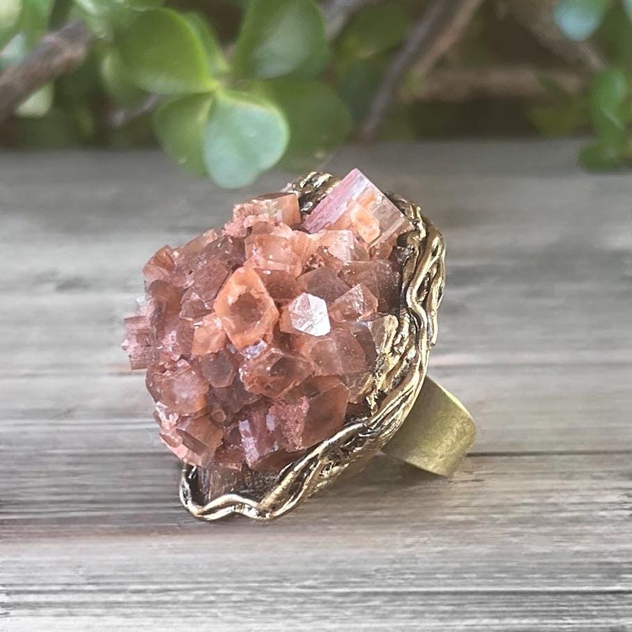 Sunstone and Aragonite Raw Crystal Chunky Ring Statement Large Cocktail Ring