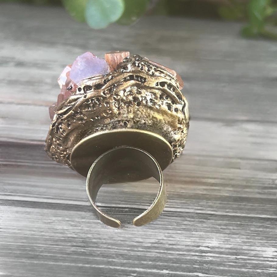 Sunstone and Aragonite Raw Crystal Chunky Ring Statement Large Cocktail Ring