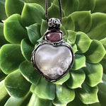 Flower Agate and Cherry Quartz Heart Pendant -  Healing Crystal Amulet Necklace
