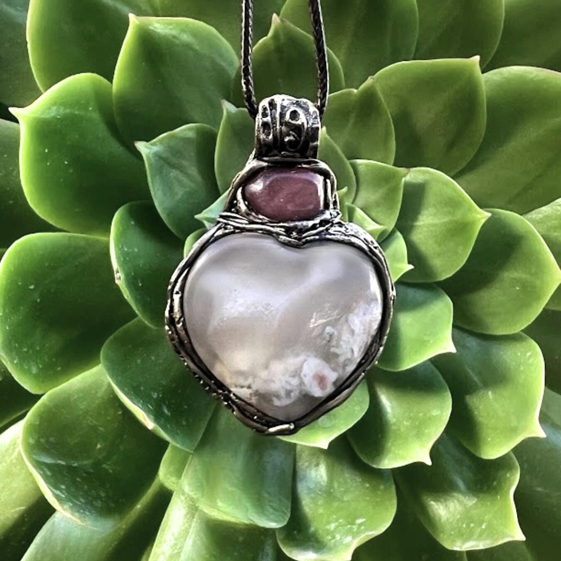 Flower Agate and Cherry Quartz Heart Pendant -  Healing Crystal Amulet Necklace