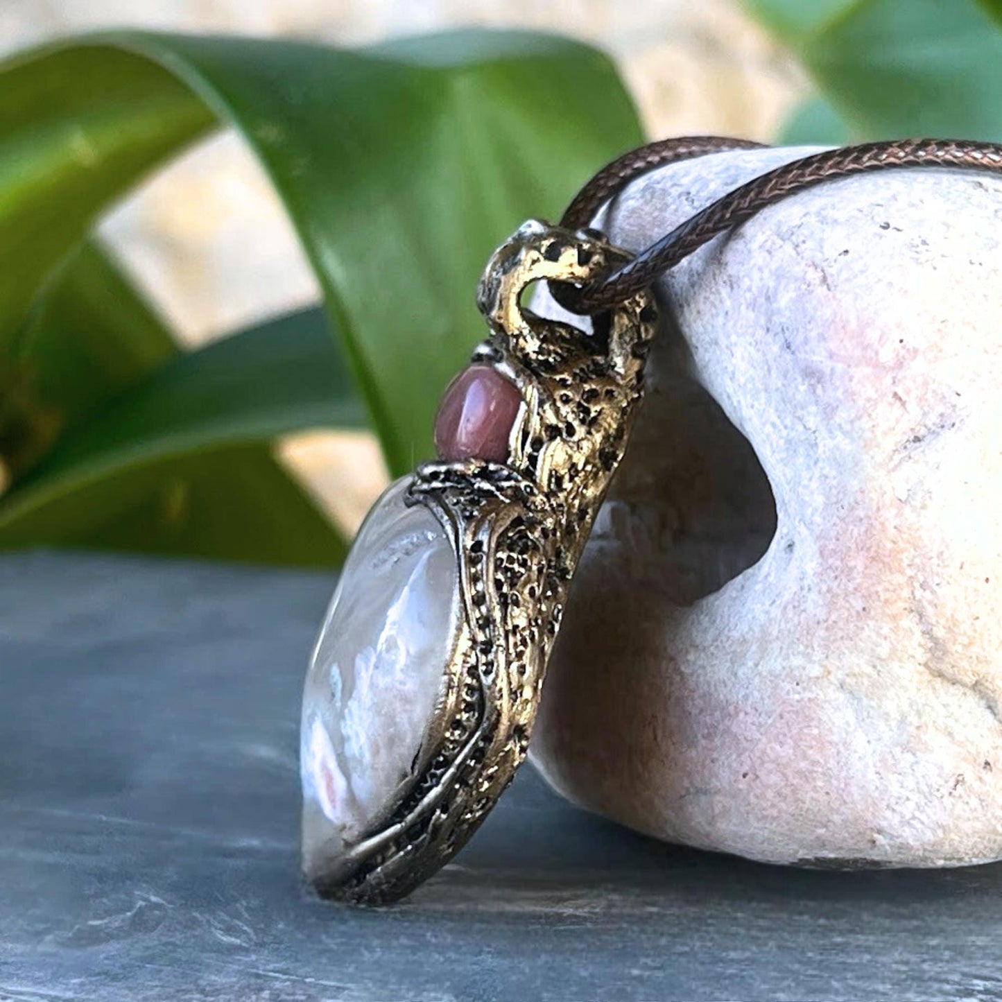 Flower Agate and Cherry Quartz Heart Pendant -  Healing Crystal Amulet Necklace
