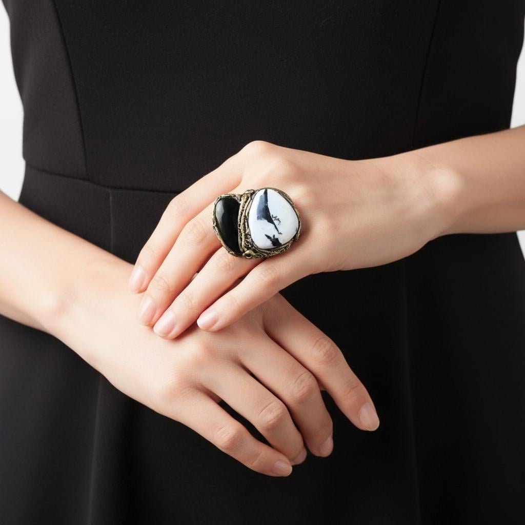 Moonstone Tourmaline and Black Onyx Ring Chunky Cocktail Statement Ring