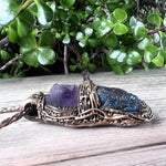 Large Peacock Ore Amethyst Pendant - Raw Purple Blue Gemstone Statement Necklace