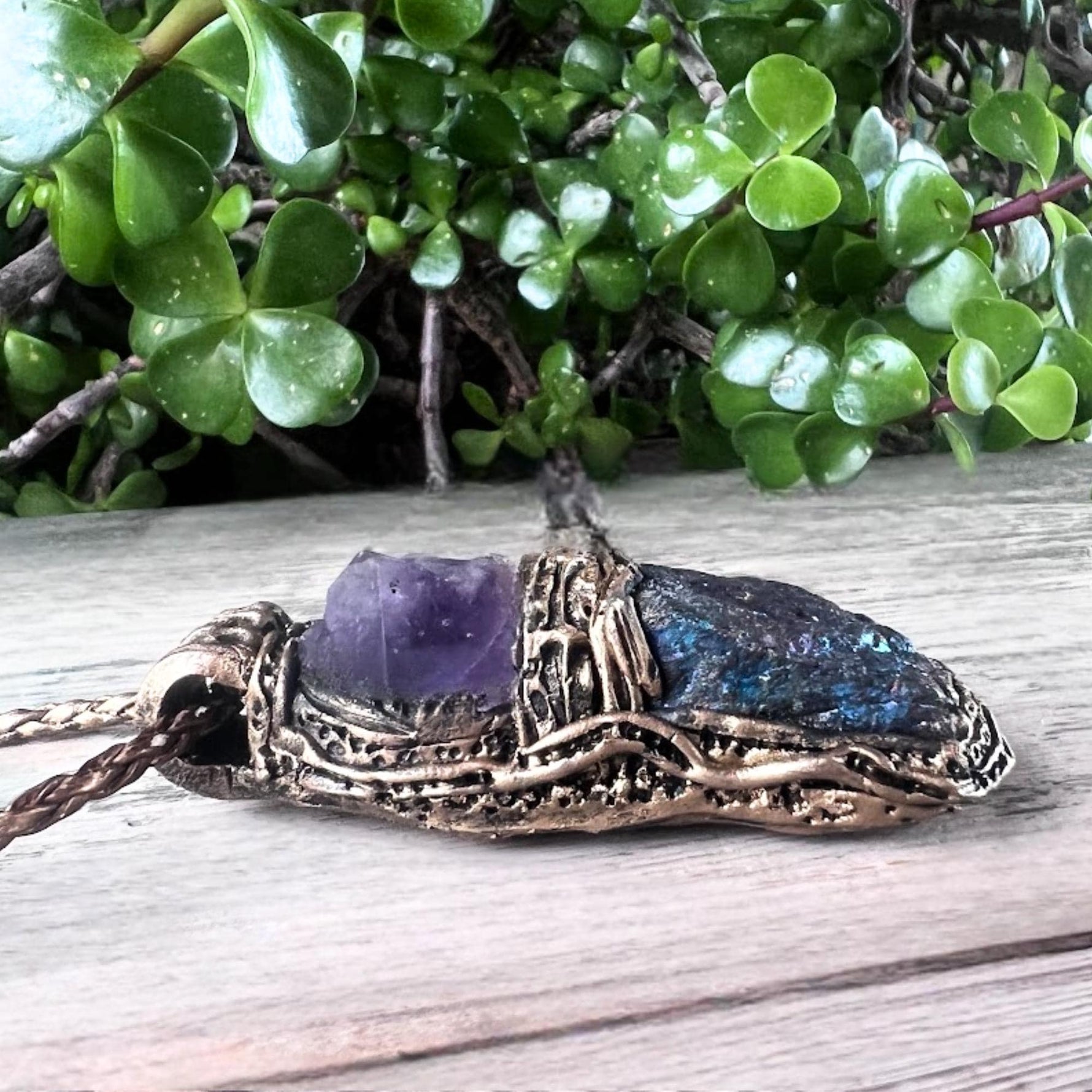 Large Peacock Ore Amethyst Pendant - Raw Purple Blue Gemstone Statement Necklace