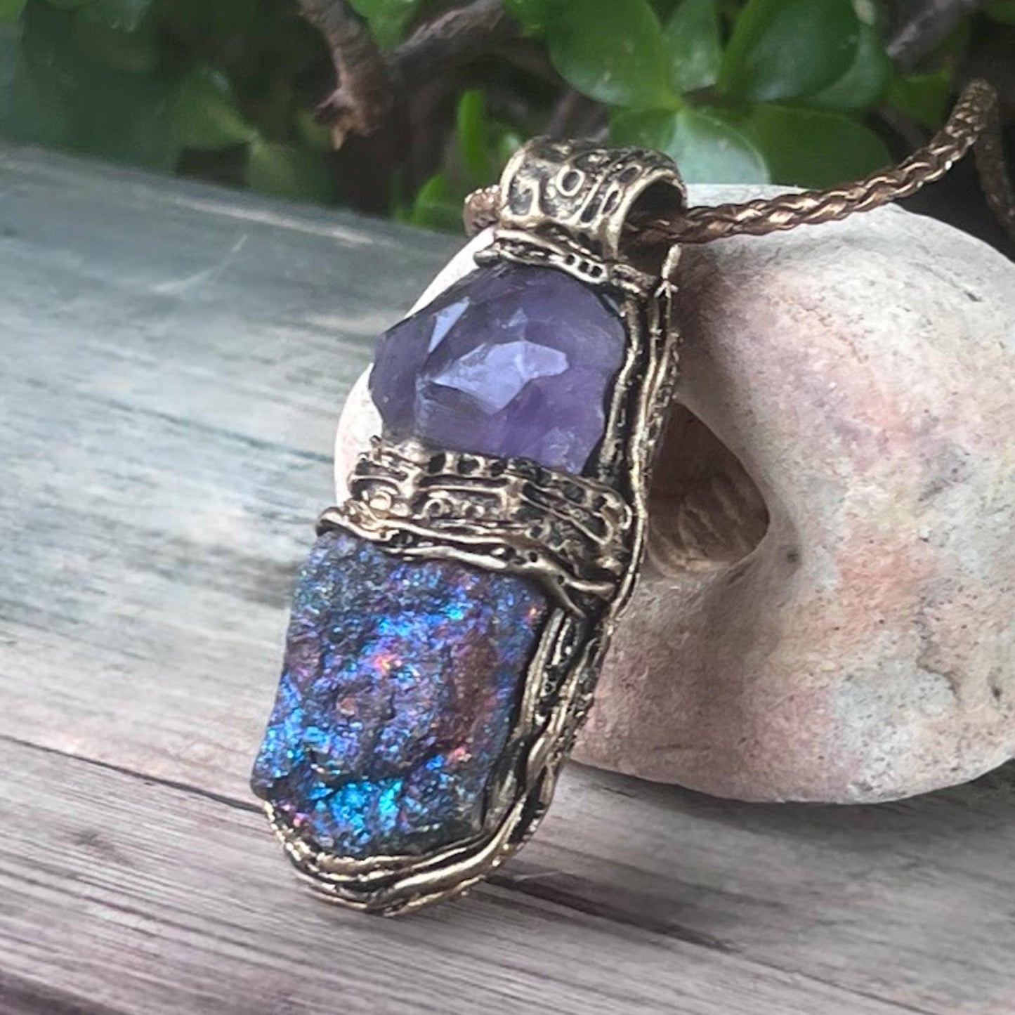 Large Peacock Ore Amethyst Pendant - Raw Purple Blue Gemstone Statement Necklace