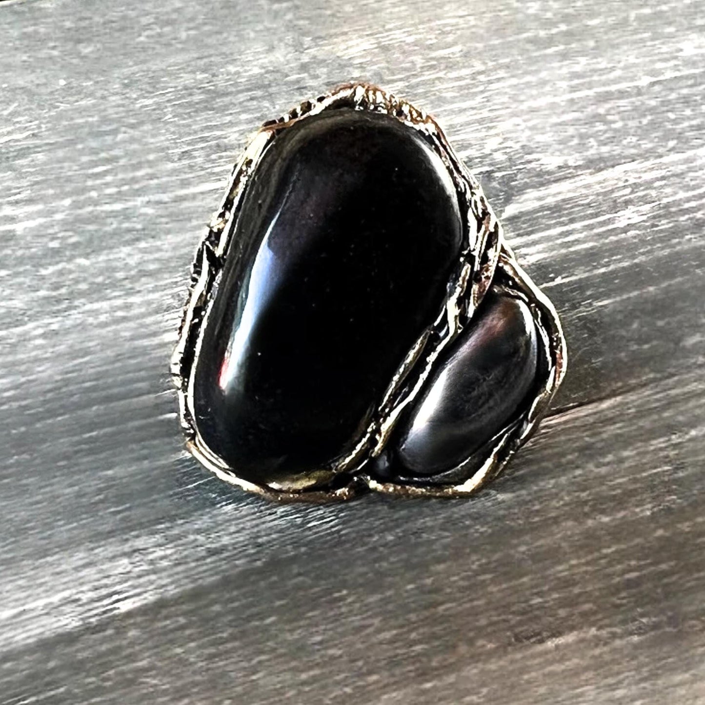 Chunky Black Obsidian Hematite Ring: Adjustable Empath Protection Jewelry