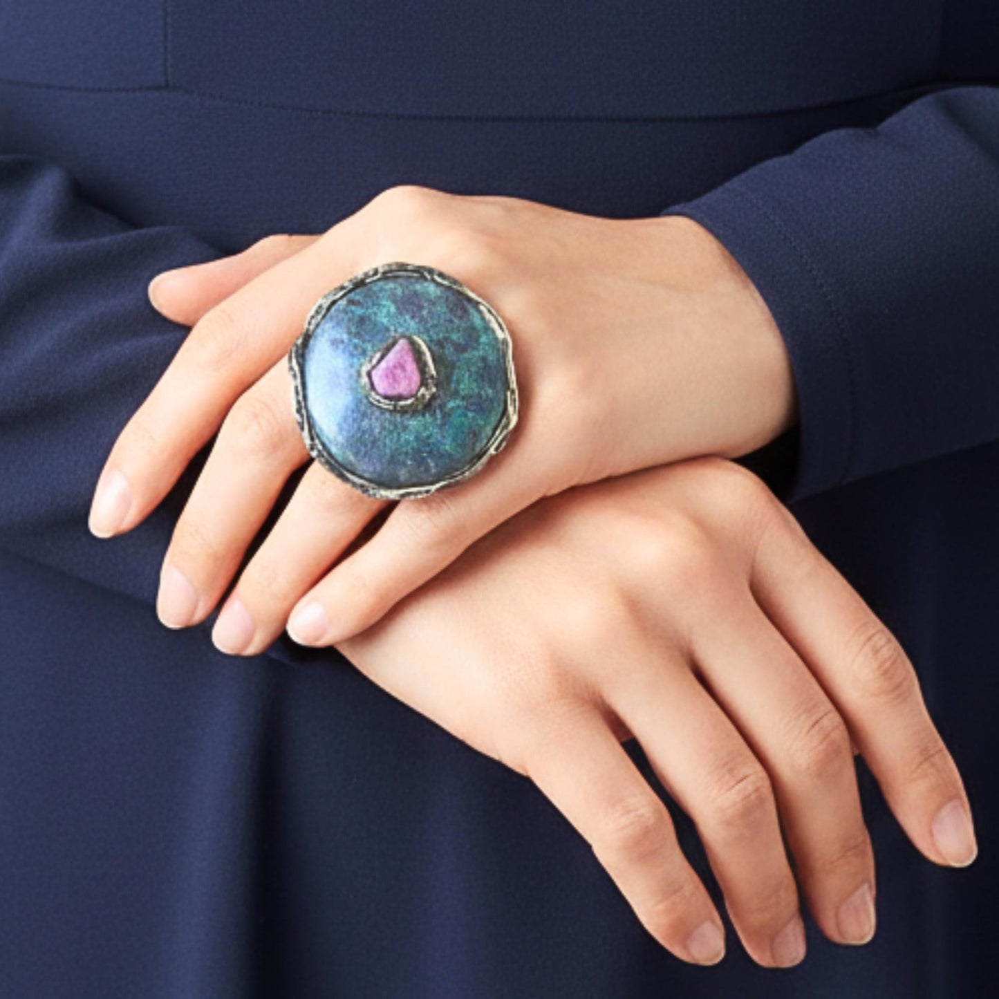 Chunky Raw Ruby Kyanite Statement Ring | Oversized Round Cocktail Ring