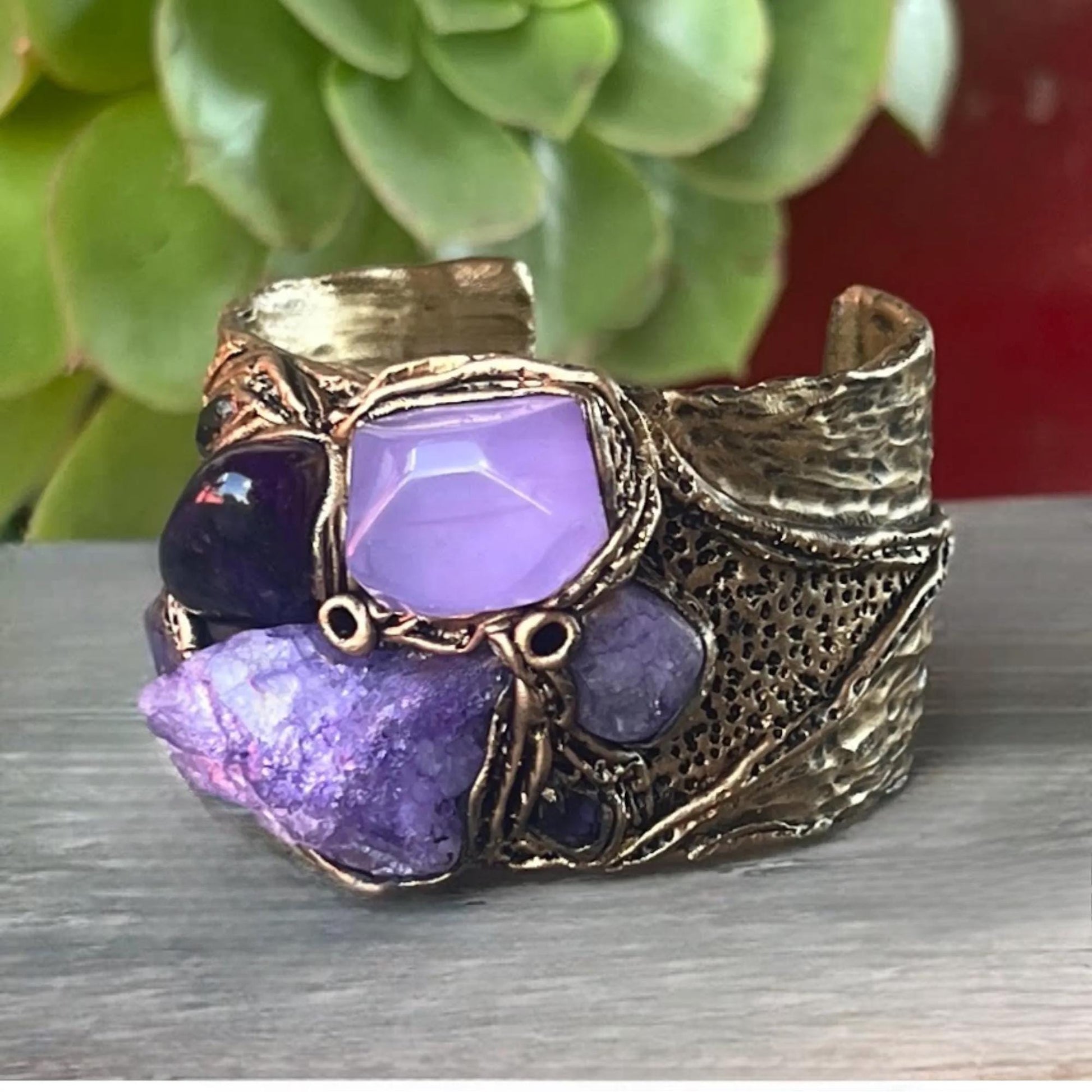 Purple Gemstone Bracelet: Raw Crystal Wide Cuff with Quartz Agate and Chalcedony