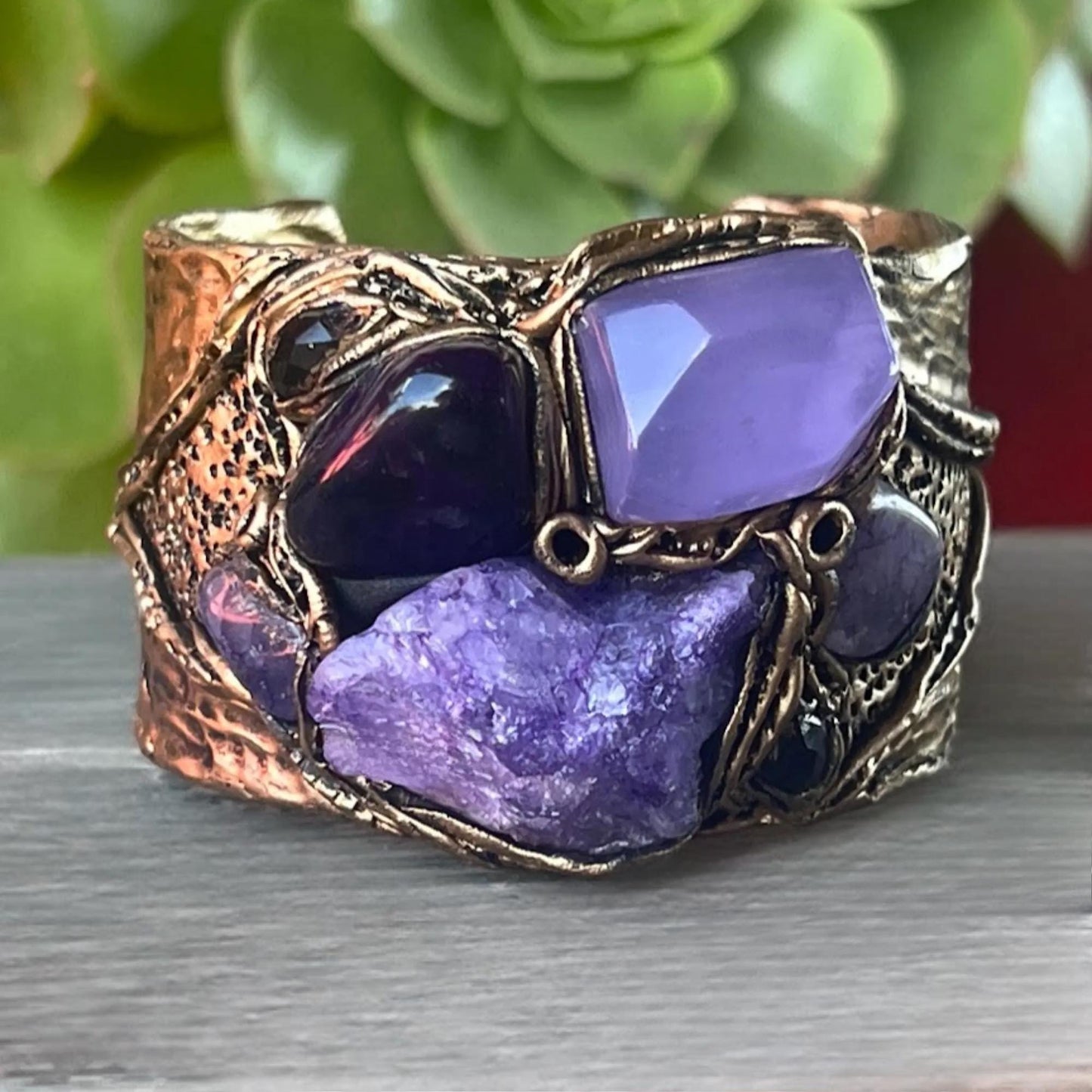Purple Gemstone Bracelet: Raw Crystal Wide Cuff with Quartz Agate and Chalcedony