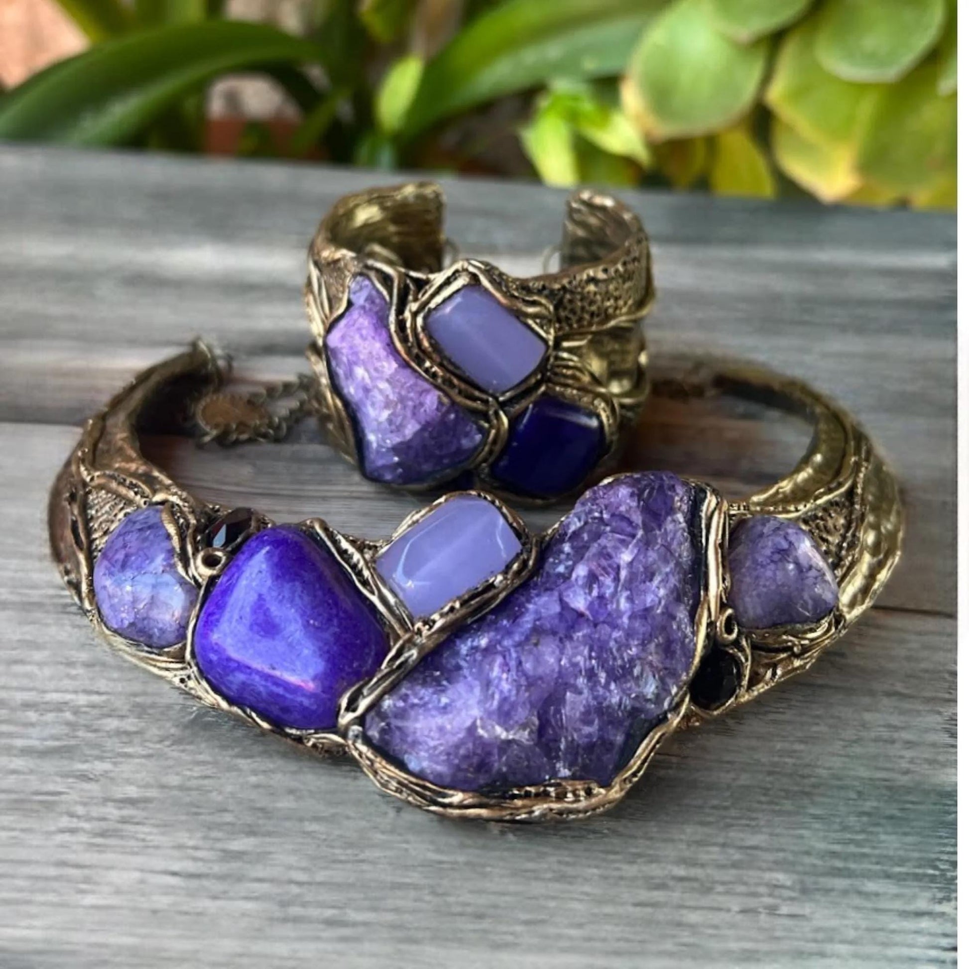 Purple Gemstone Bracelet: Raw Crystal Wide Cuff with Quartz Agate and Chalcedony