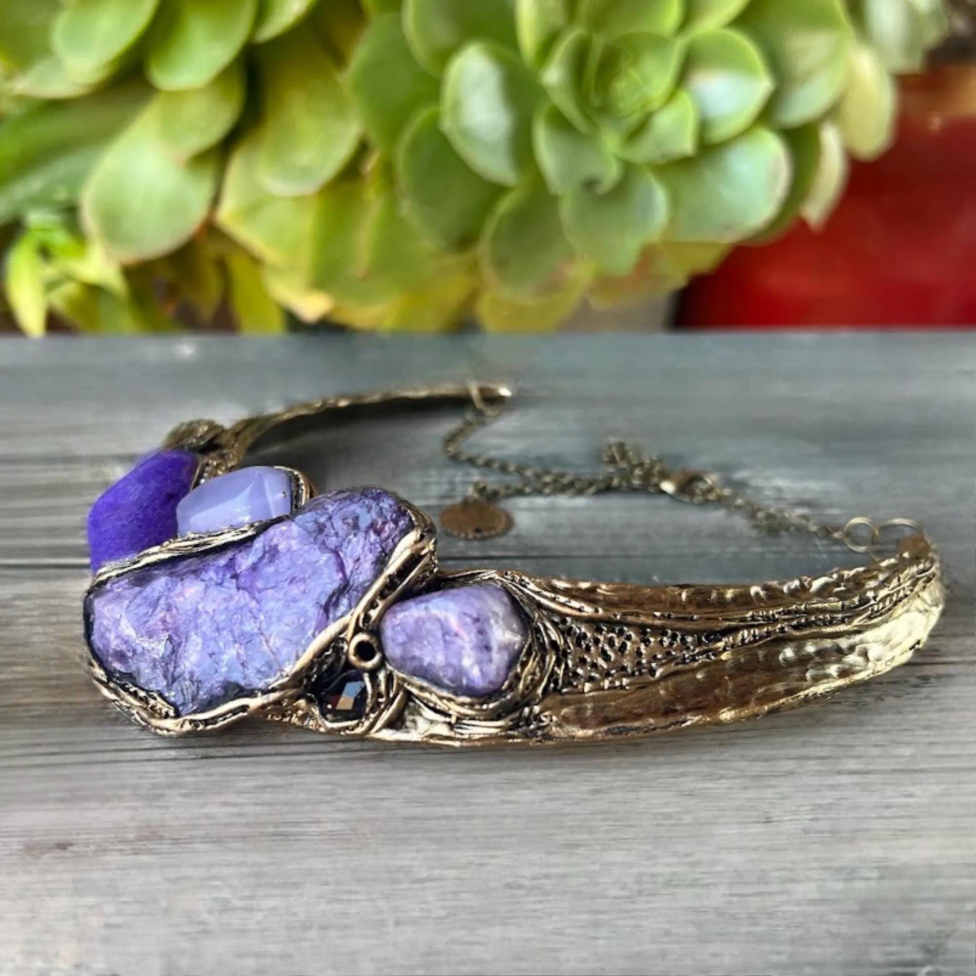 Purple Gemstone Choker Necklace- Calcite Agate and Chalcedony Collar