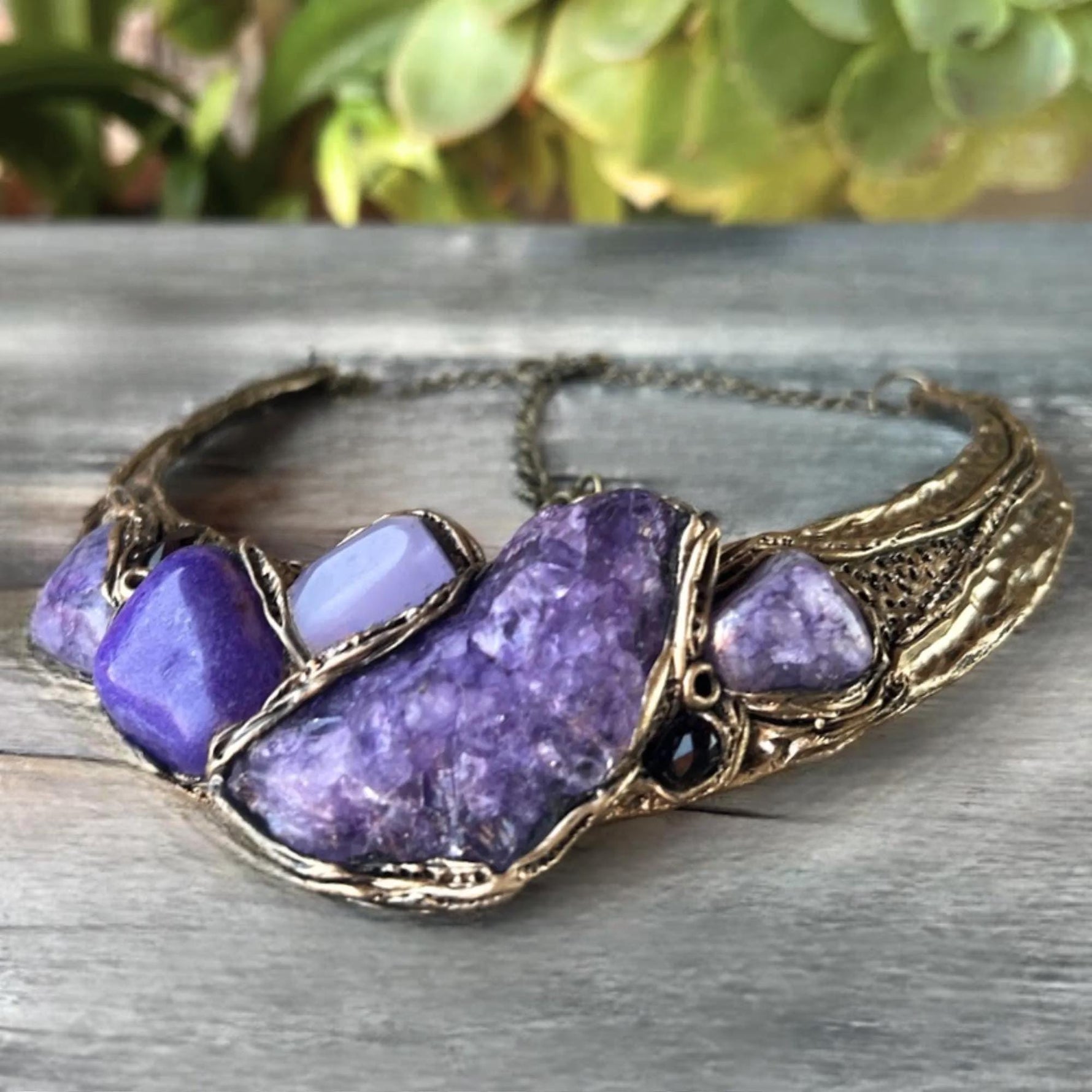 Purple Gemstone Choker Necklace- Calcite Agate and Chalcedony Collar
