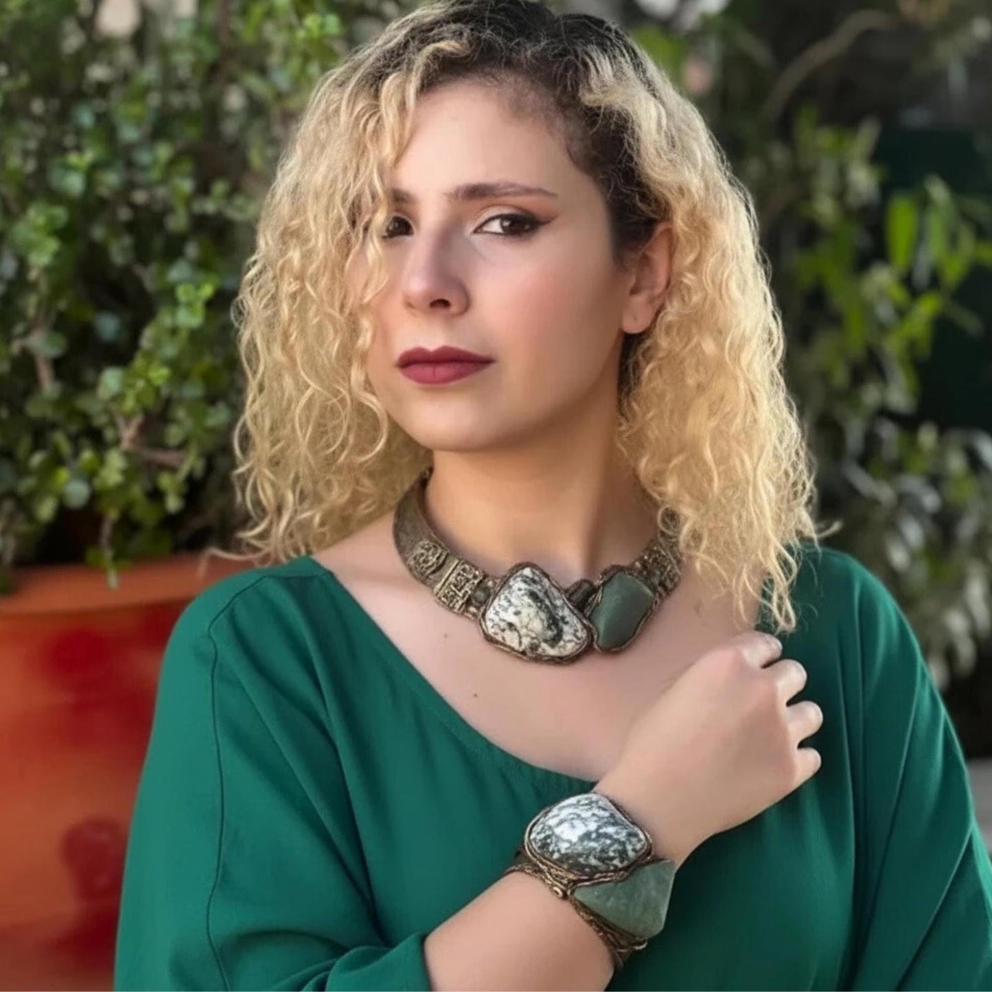 Large Cuff Bracelet with Green Aventurine and Tree Agate - Statement Gemstone Jewelry