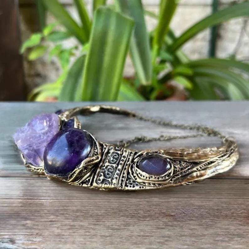 Chunky Amethyst Collar Necklace - Unique Crystal Jewelry for Special Occasions