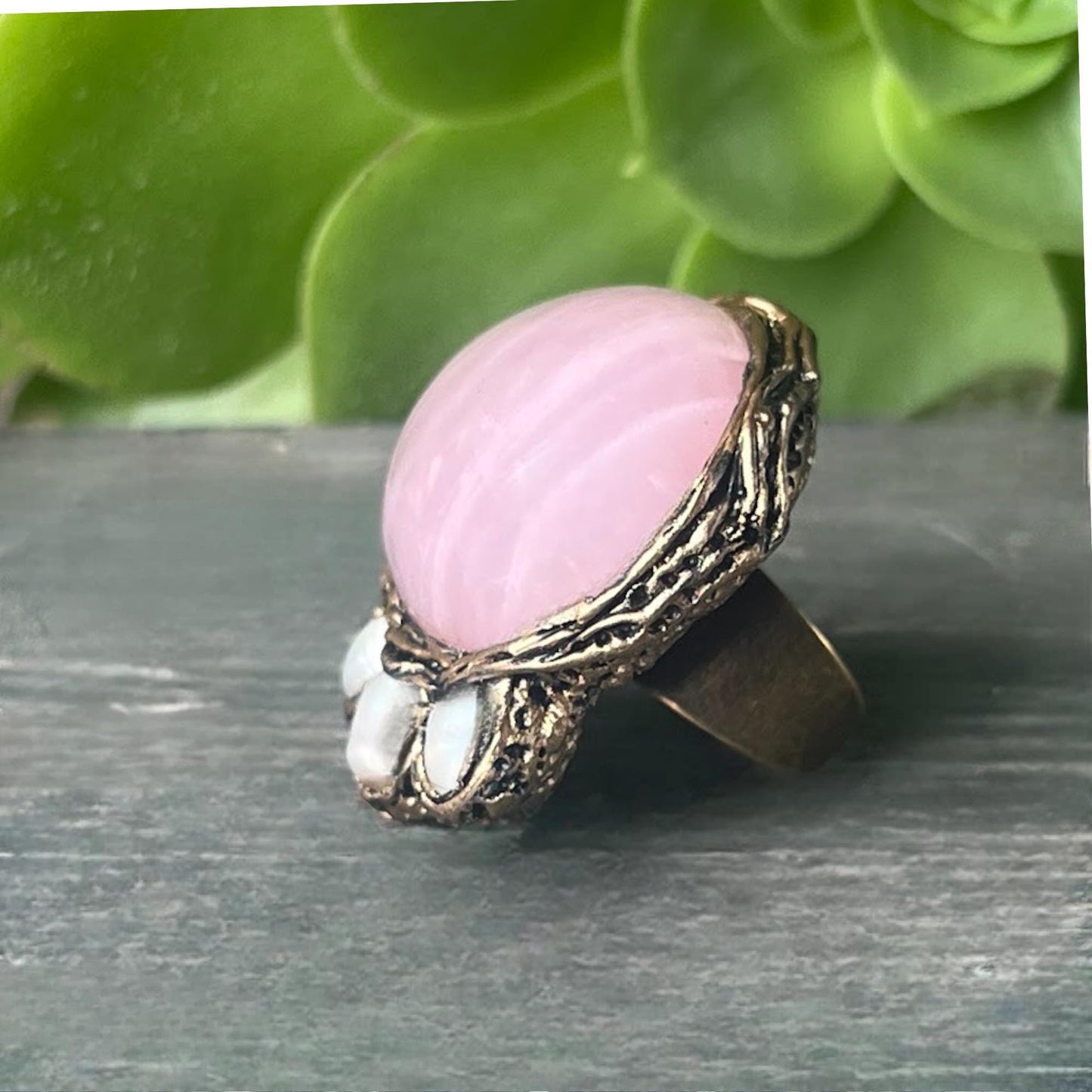 Rose Quartz Chunky Cocktail Ring with Pearls - Adjustable Boho Ring