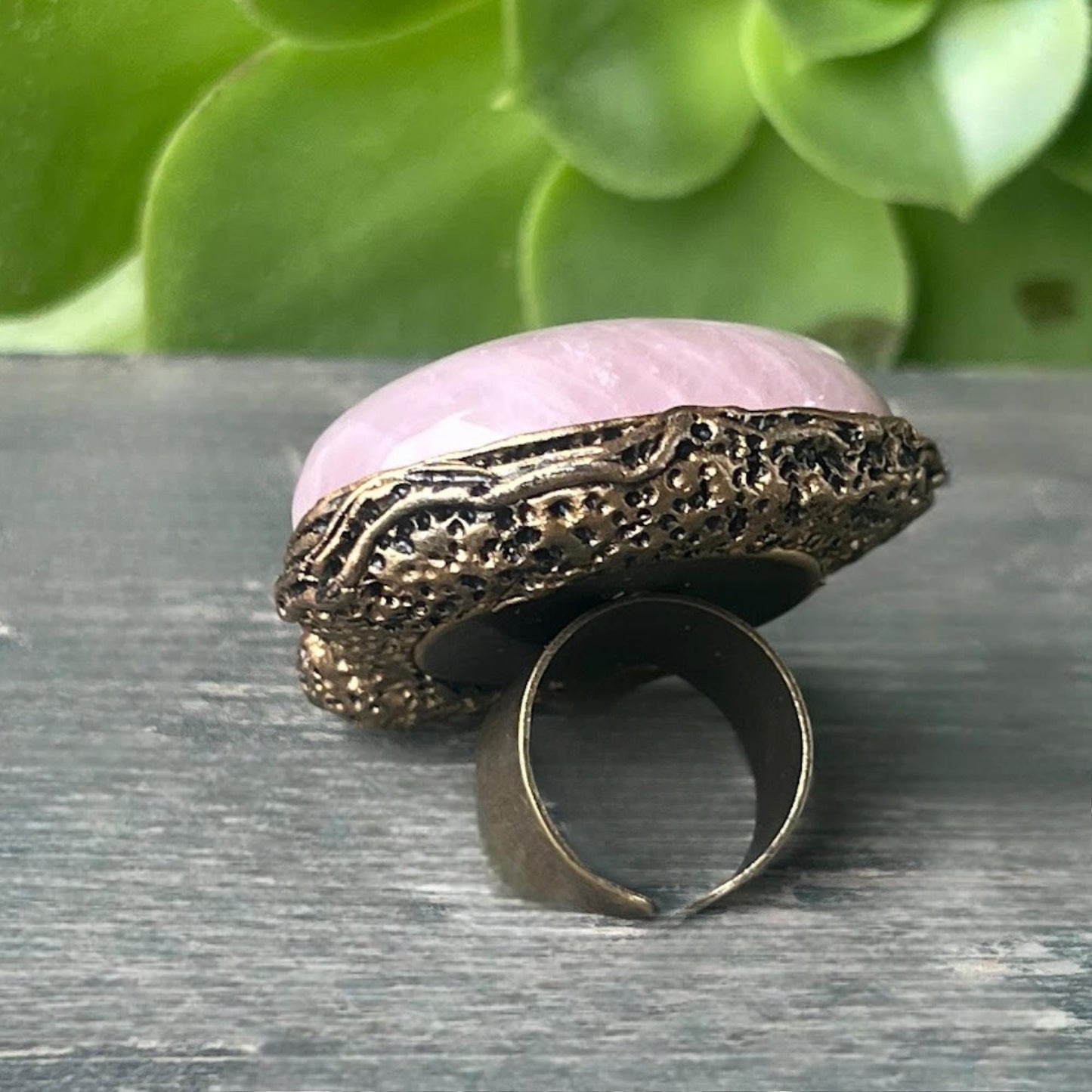 Rose Quartz Chunky Cocktail Ring with Pearls - Adjustable Boho Ring