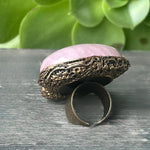 Rose Quartz Chunky Cocktail Ring with Pearls - Adjustable Boho Ring