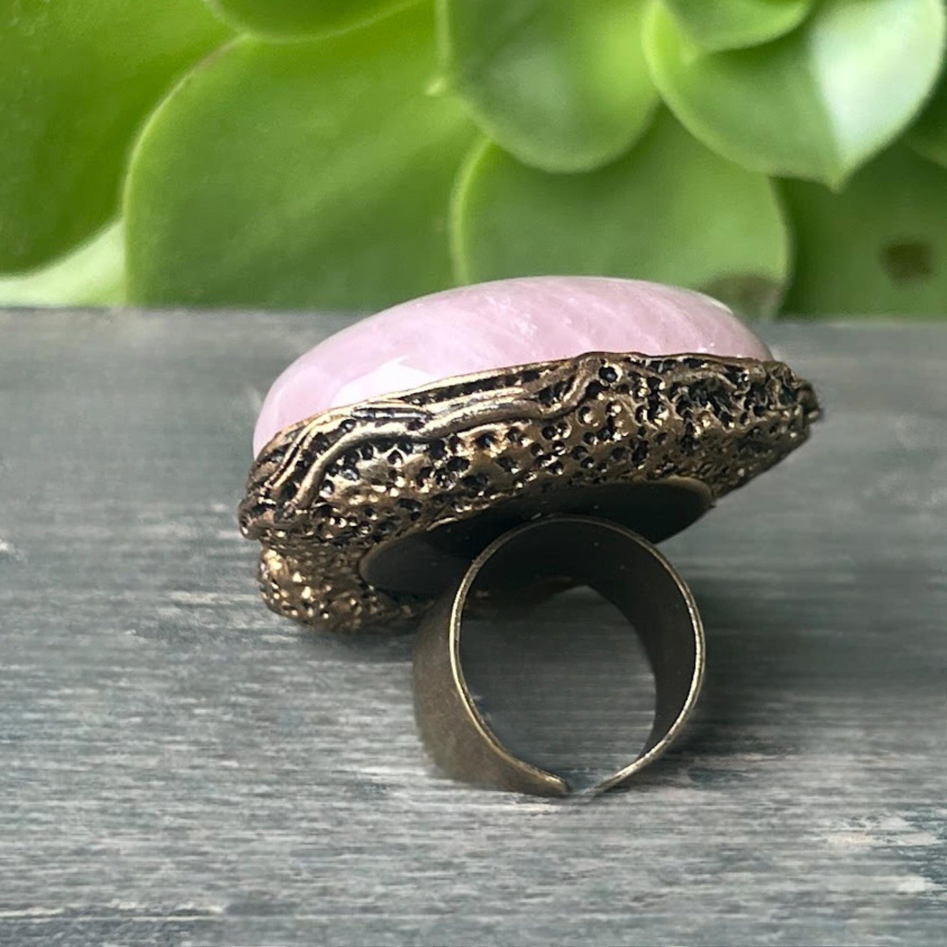 Rose Quartz Chunky Cocktail Ring with Pearls - Adjustable Boho Ring