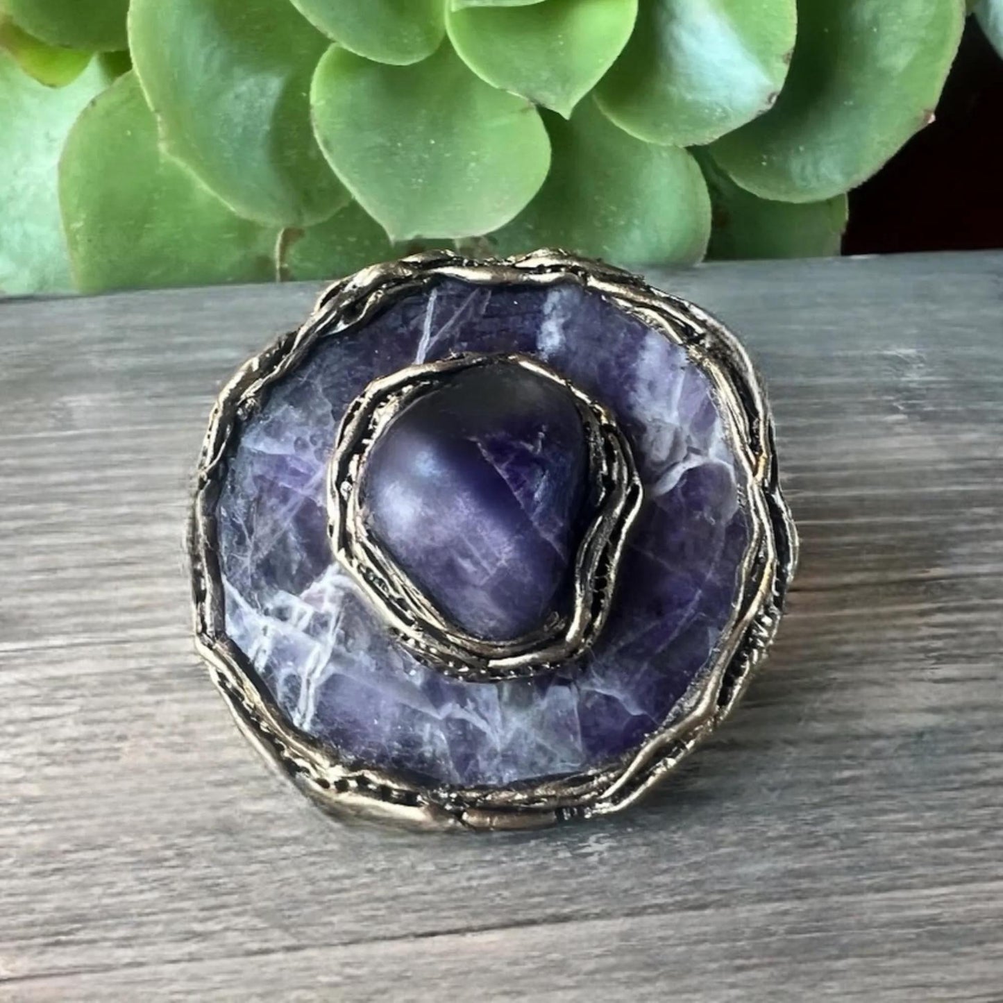Chunky Chevron Amethyst Ring -  Oversized Round Purple Stone Cocktail Ring