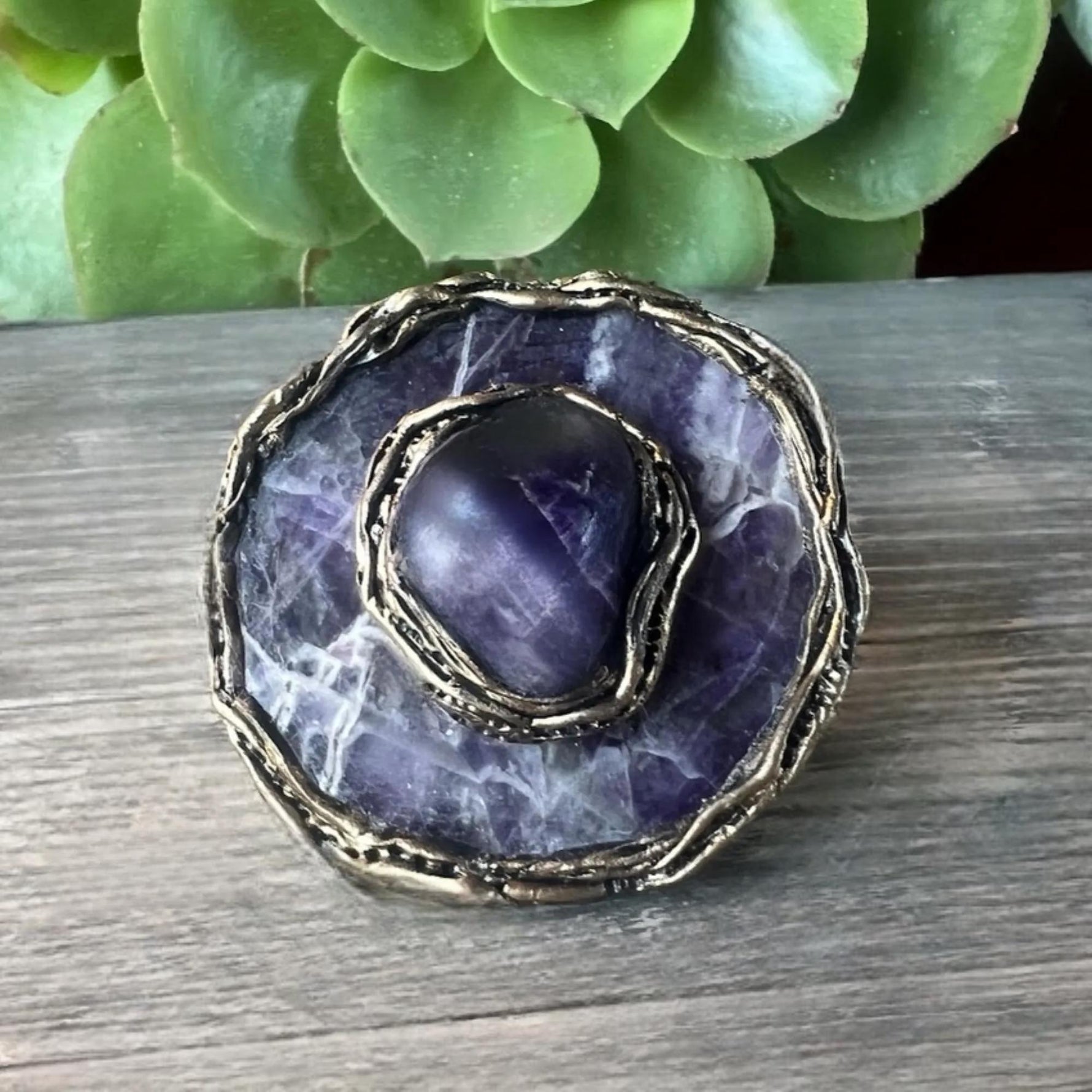 Chunky Chevron Amethyst Ring -  Oversized Round Purple Stone Cocktail Ring