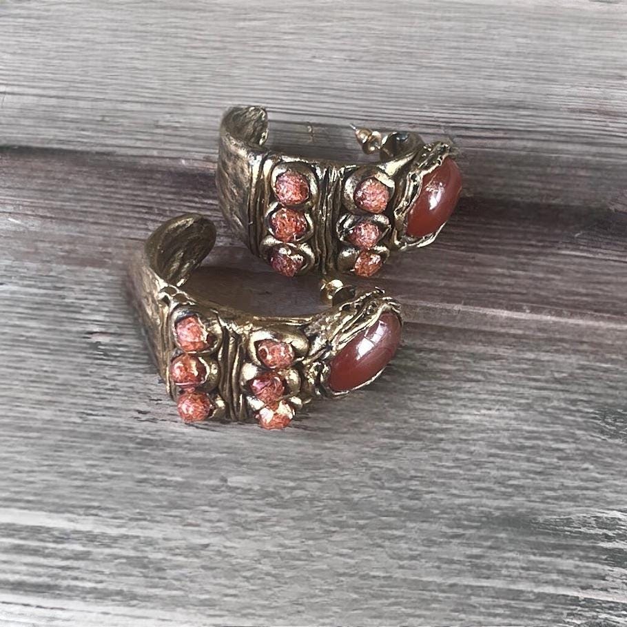 Chunky Carnelian Wide Hoop Earrings - Statement Gemstone Jewelry