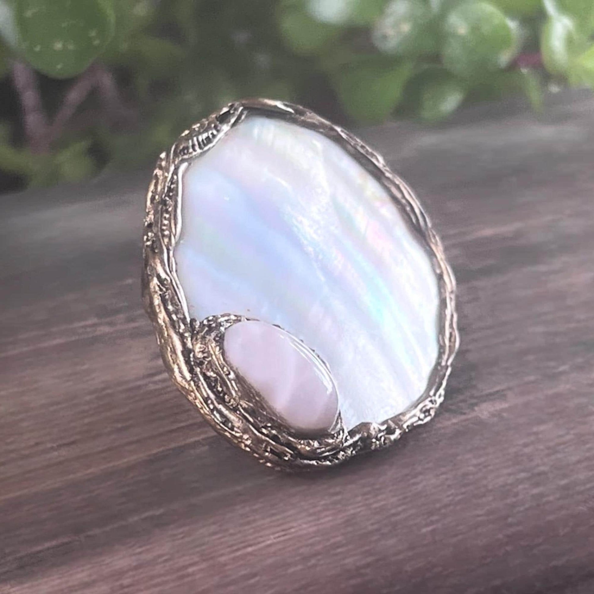 Oversized Mother of Pearl Cocktail Ring: Adjustable Chunky Statement