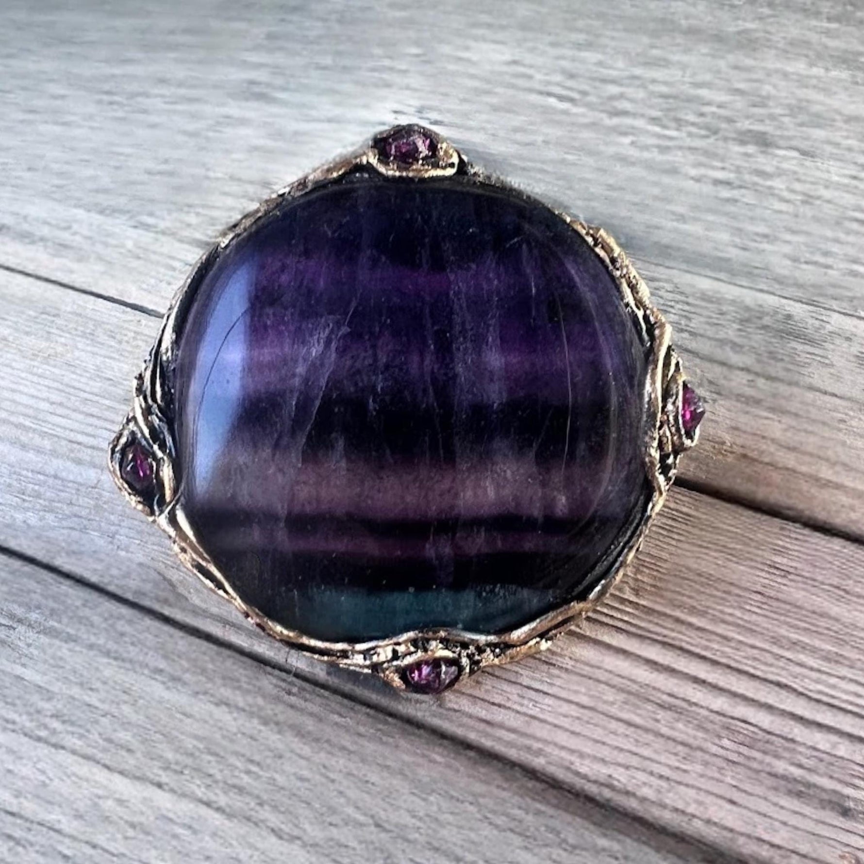 Chunky Rainbow Fluorite Ring -  Oversized Round Purple Stone Cocktail Ring