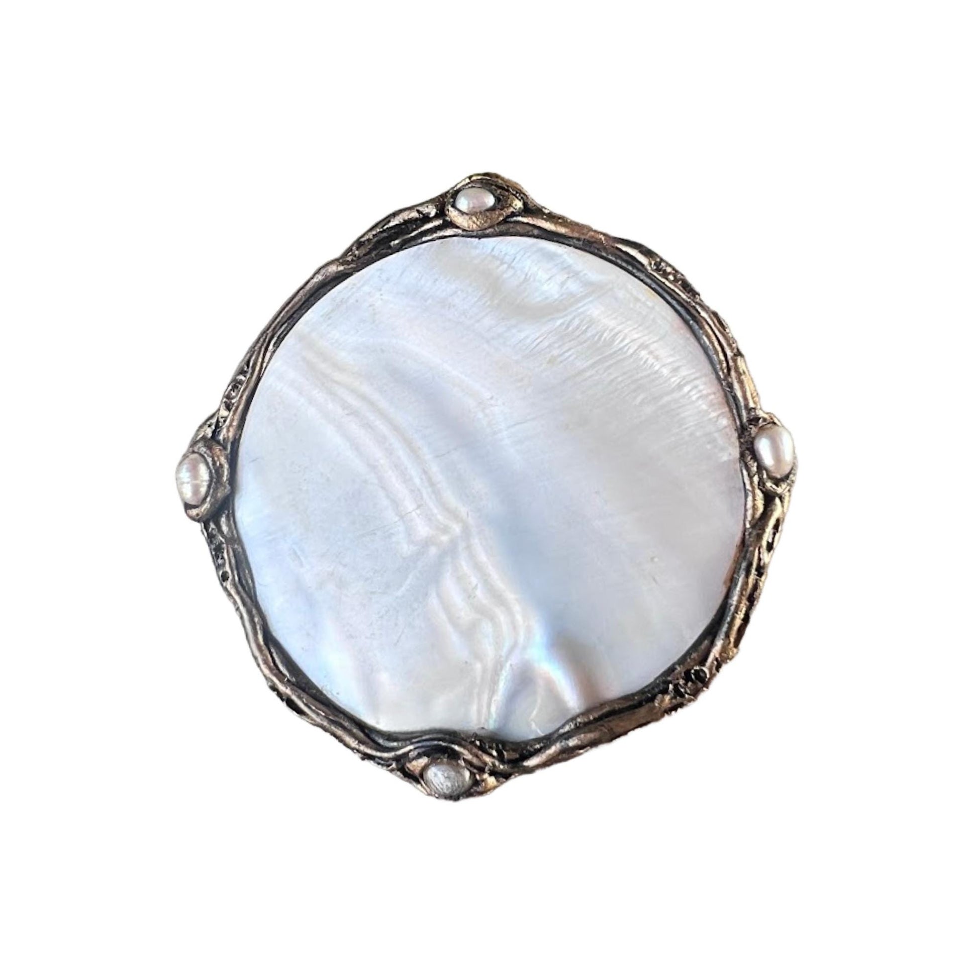 Oversized Mother of Pearl Round Cocktail Ring: Adjustable Chunky Statement