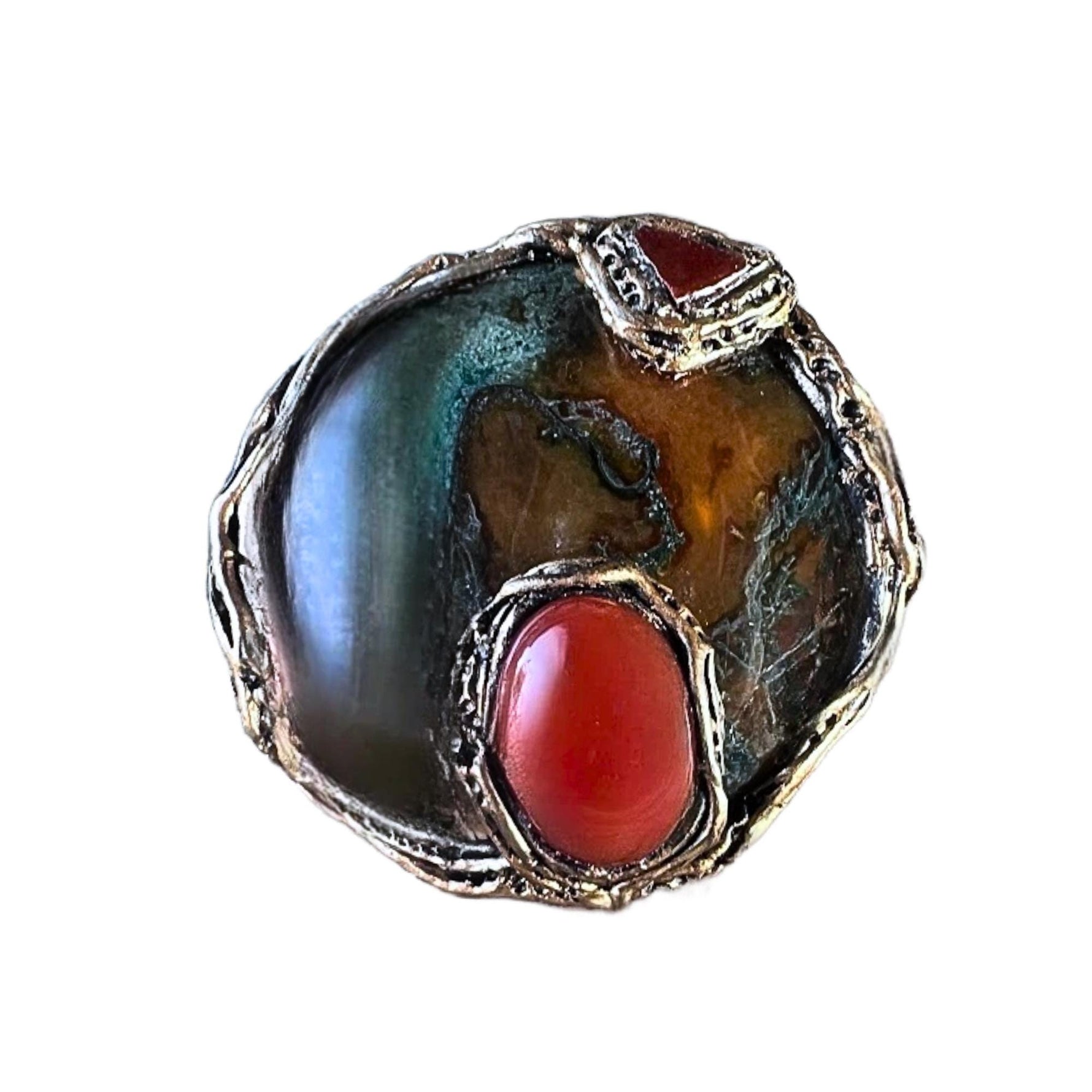 Chunky Moss Agate and Carnelian Ring -  Oversized Round Cocktail Ring