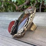 Chunky Moss Agate and Carnelian Ring -  Oversized Round Cocktail Ring
