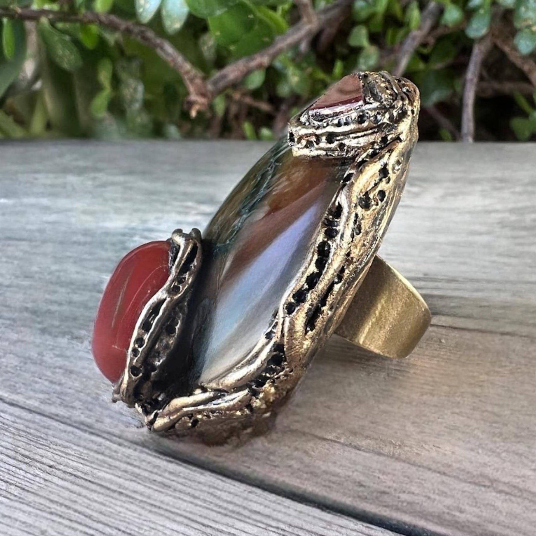 Chunky Moss Agate and Carnelian Ring -  Oversized Round Cocktail Ring