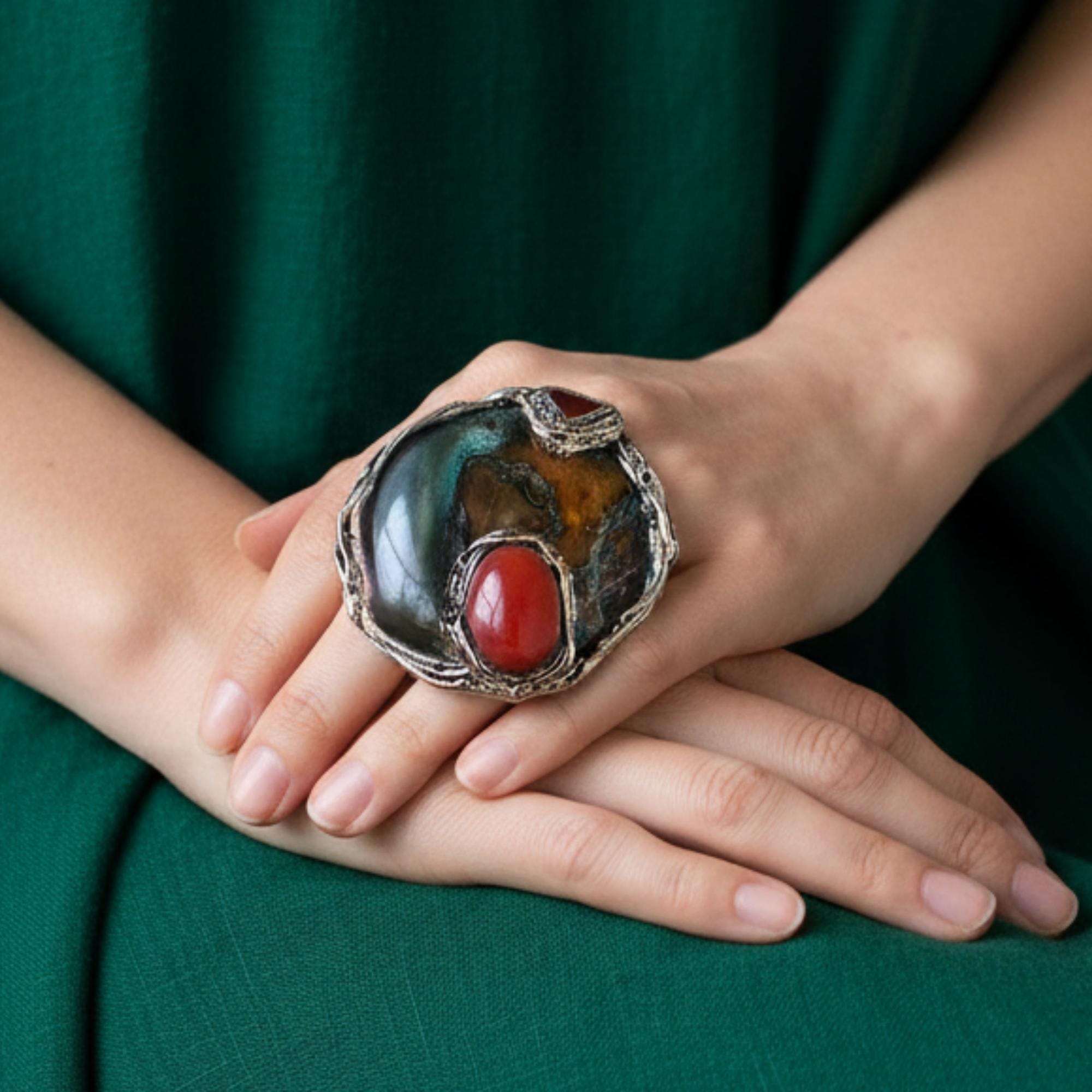 Chunky Moss Agate and Carnelian Ring -  Oversized Round Cocktail Ring