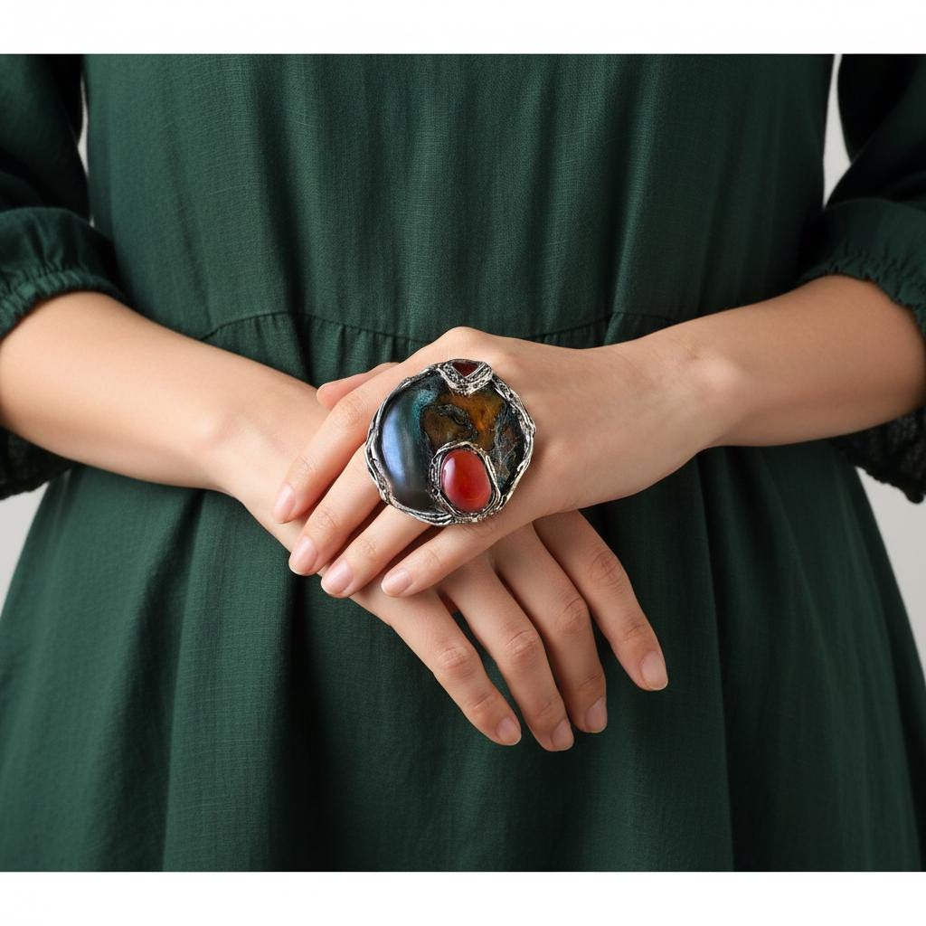 Chunky Moss Agate and Carnelian Ring -  Oversized Round Cocktail Ring