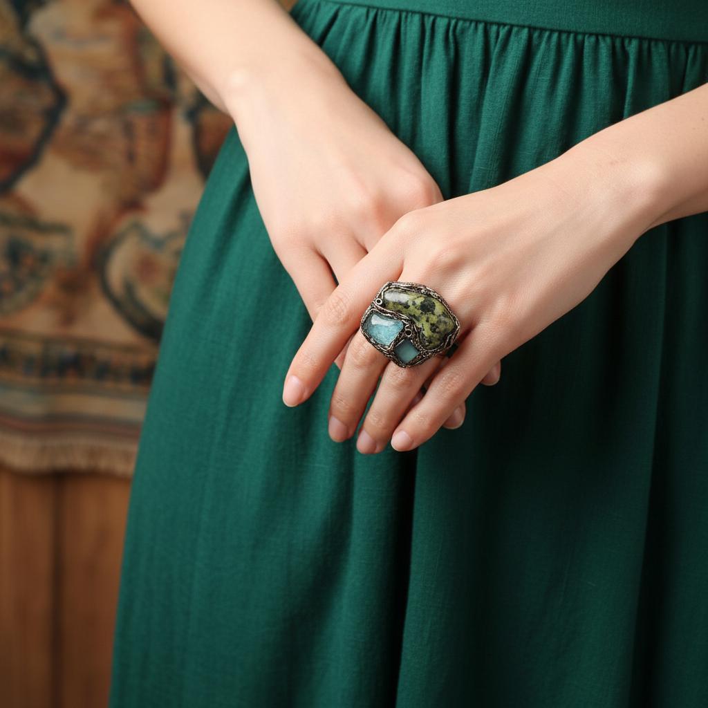 Chunky Green Stone Ring -  Serpentine Fluorite and Aventurine Oversized Cocktail Ring