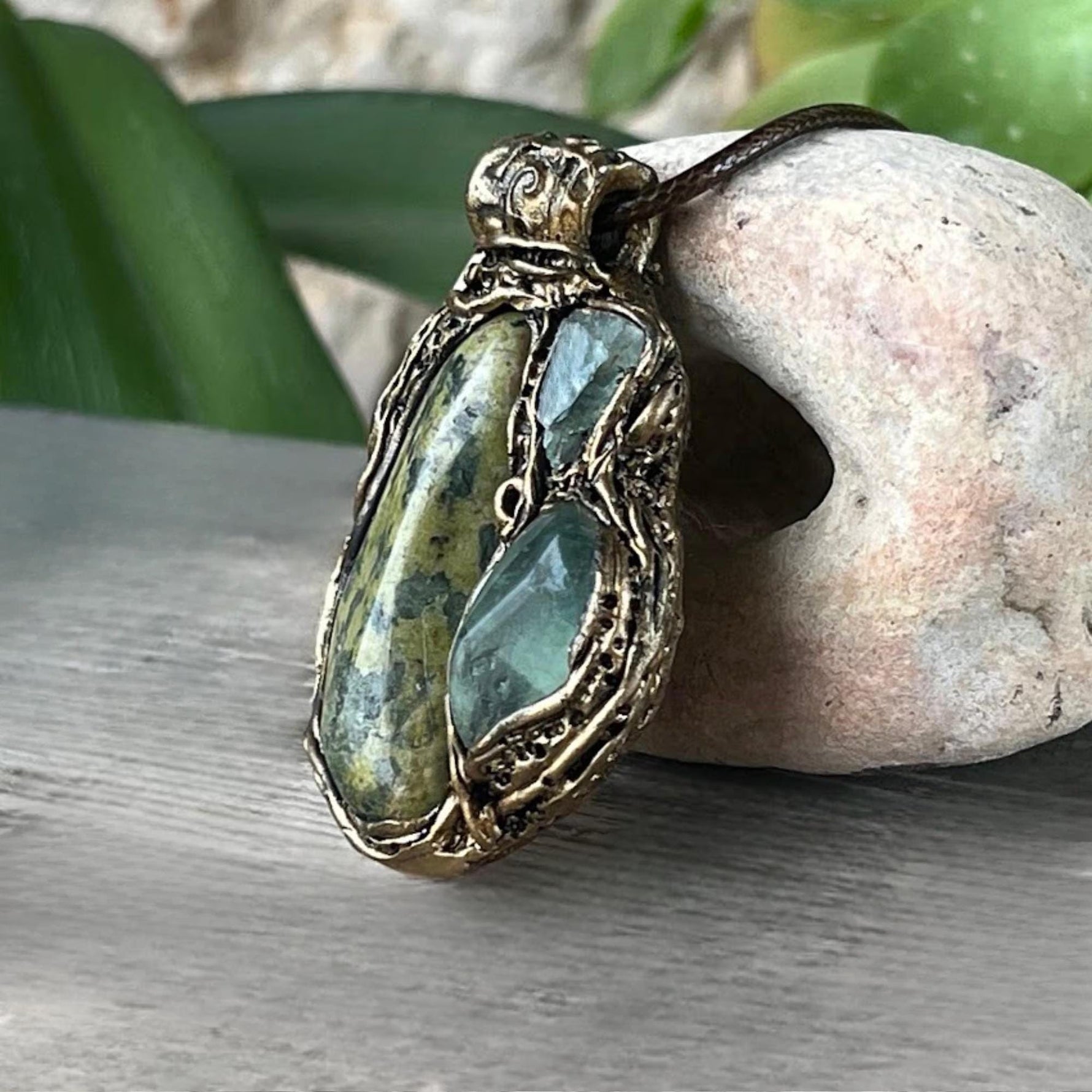 Serpentine and Fluorite Pendant Necklace -  Green Crystal Amulet