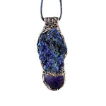 Amethyst and Azurite Malachite Pendant -  Raw Healing Crystal Amulet Necklace