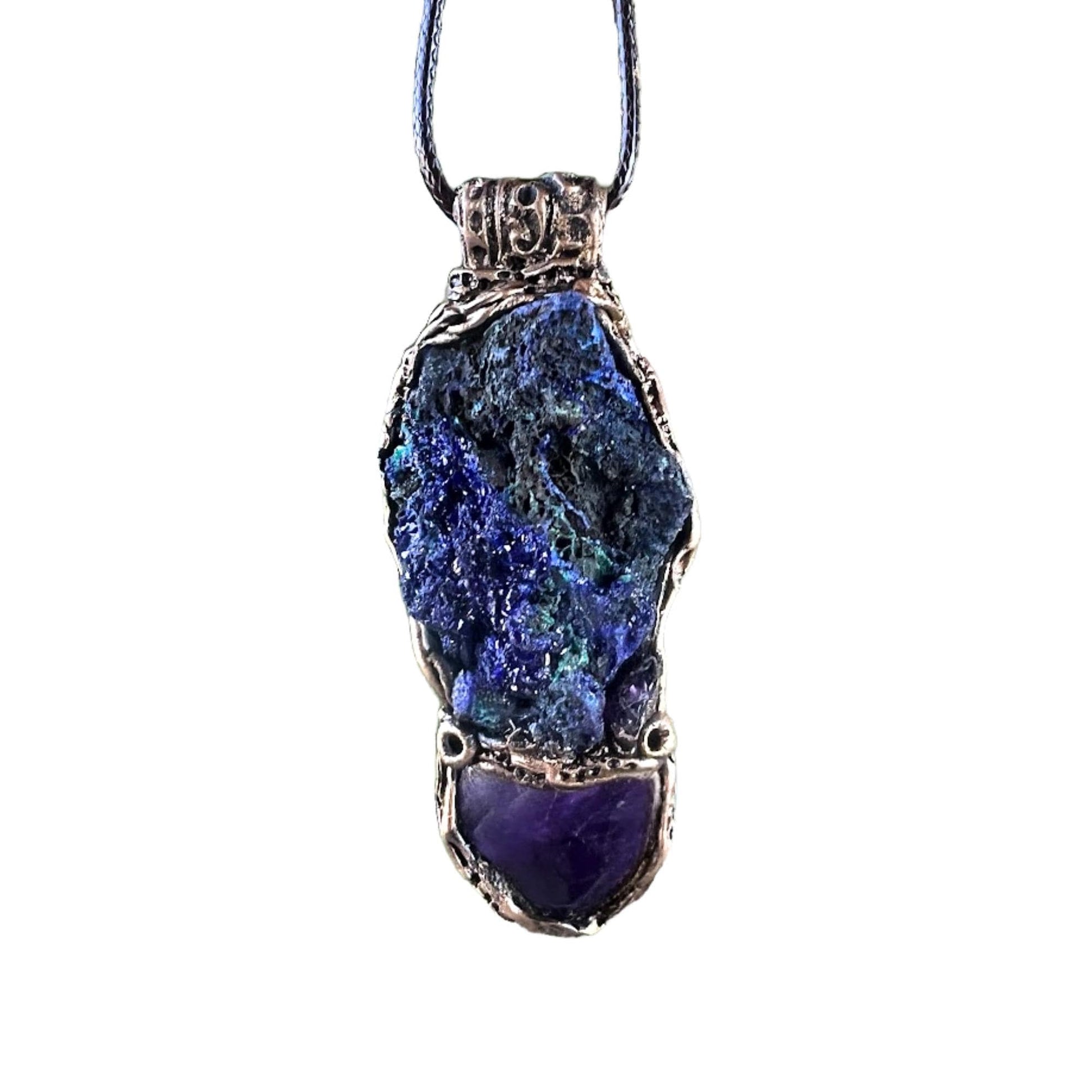 Amethyst and Azurite Malachite Pendant -  Raw Healing Crystal Amulet Necklace