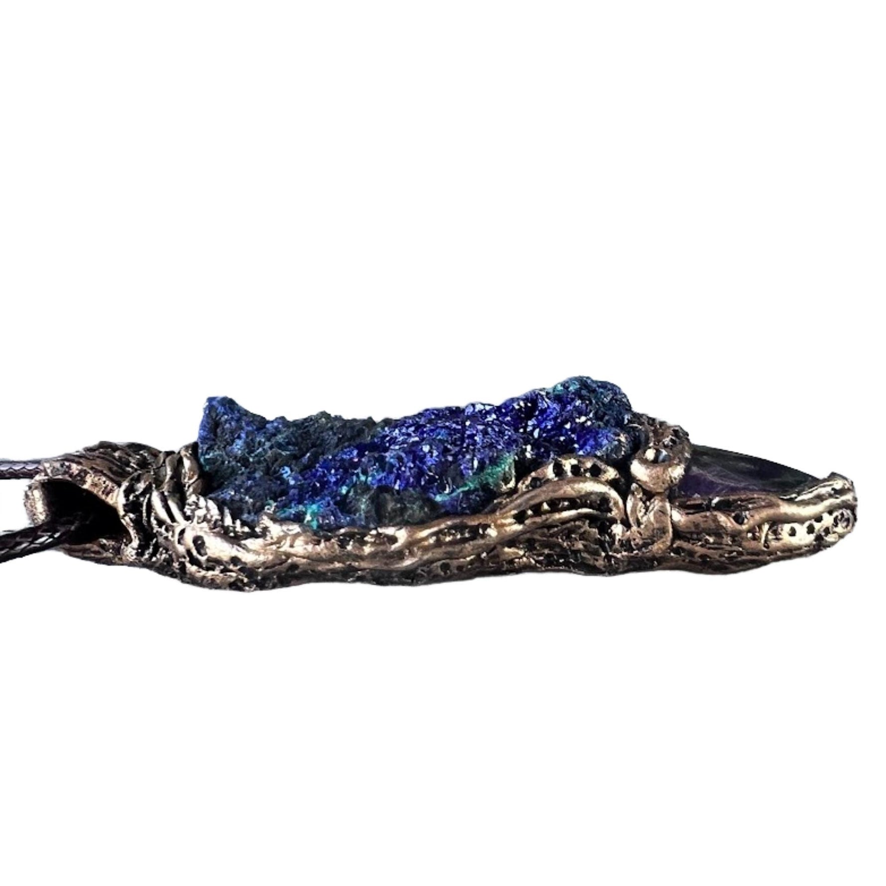 Amethyst and Azurite Malachite Pendant -  Raw Healing Crystal Amulet Necklace