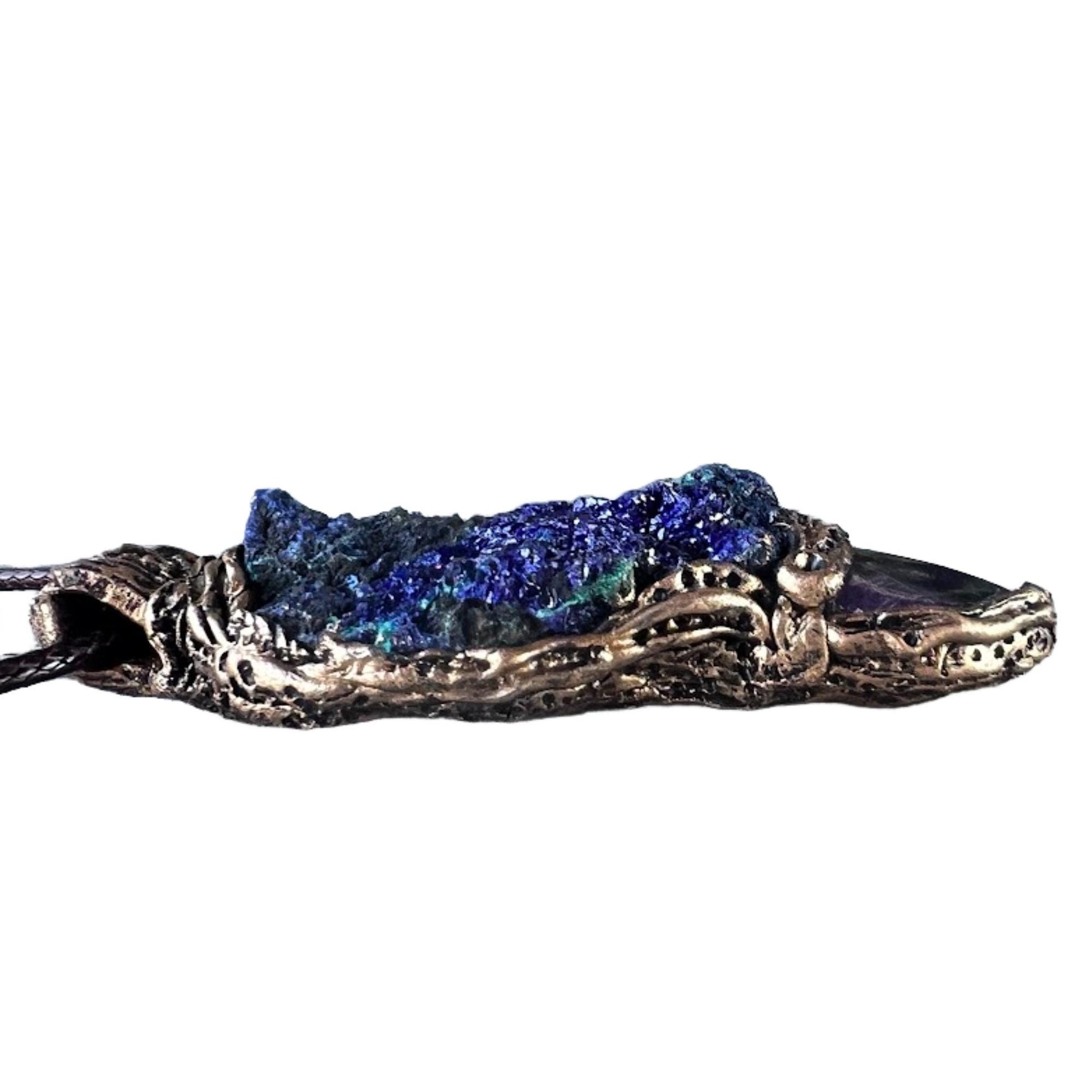 Amethyst and Azurite Malachite Pendant -  Raw Healing Crystal Amulet Necklace