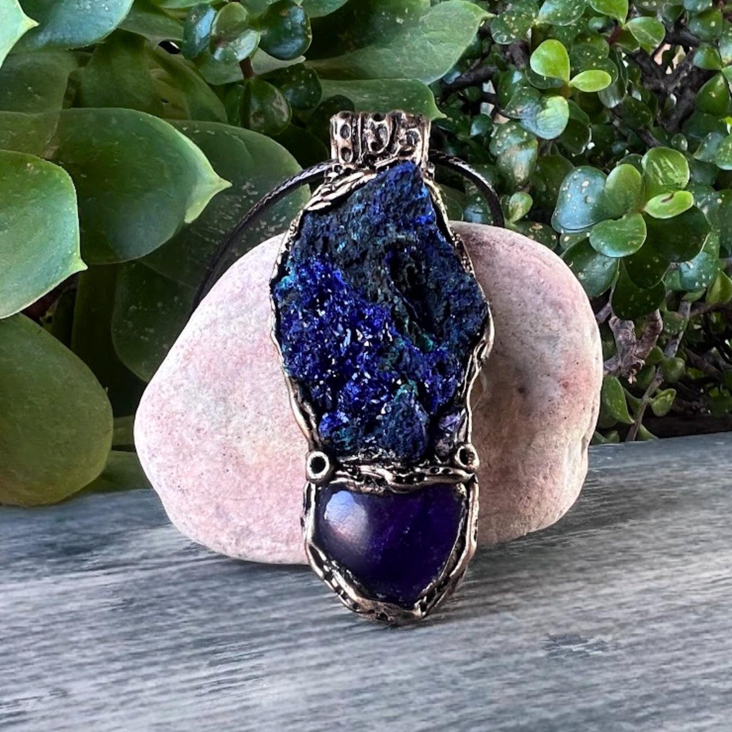 Amethyst and Azurite Malachite Pendant -  Raw Healing Crystal Amulet Necklace