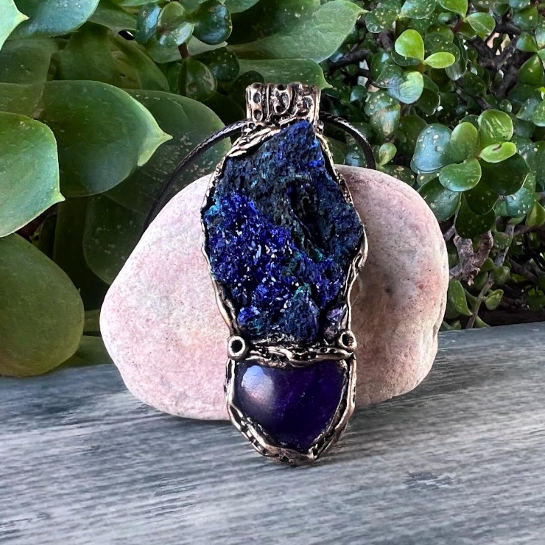 Amethyst and Azurite Malachite Pendant -  Raw Healing Crystal Amulet Necklace