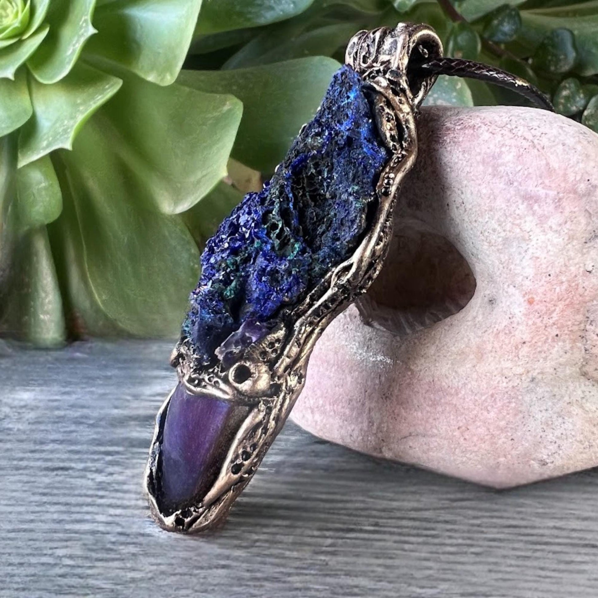 Amethyst and Azurite Malachite Pendant -  Raw Healing Crystal Amulet Necklace